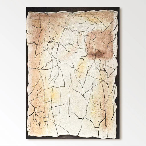 The image is a rectangular abstract artwork with a textured background featuring a variety of lines and shapes in different shades of brown and beige.