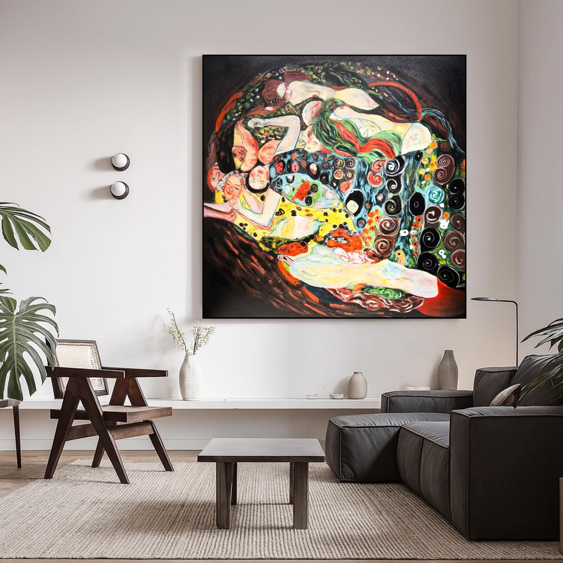 The image is a vibrant and colorful abstract painting featuring a variety of shapes, patterns, and textures.