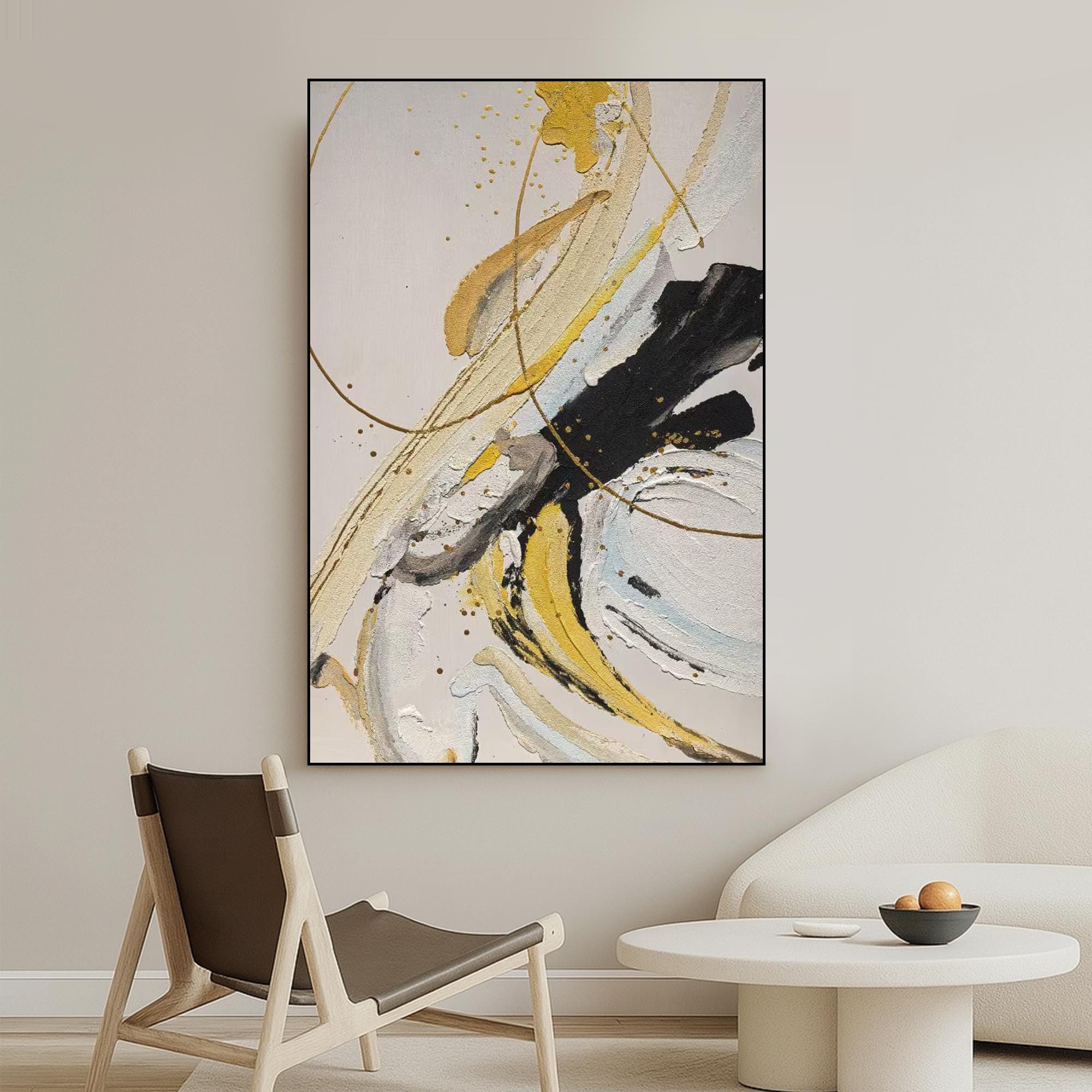 Modern Gold and Black Abstract Oil Painting on Canvas | Hand-Painted Textured Wall Art for Living Room | Neutral Swirl Contemporary Decor