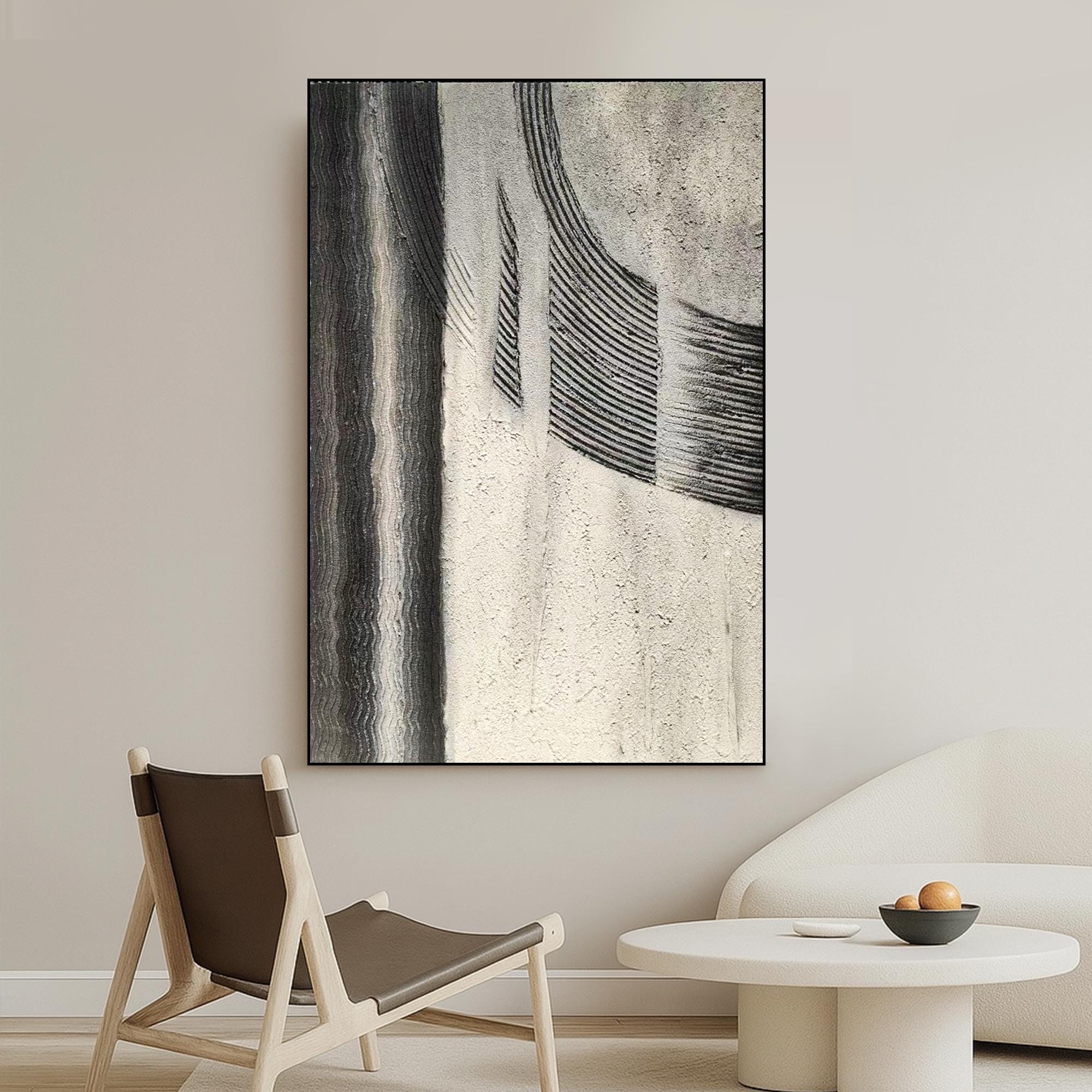 Neutral Textured Vertical Abstract Painting on Canvas Hand Painted Black Grey Wall Art Minimal Modern Tactile Artwork for Hallway or Office