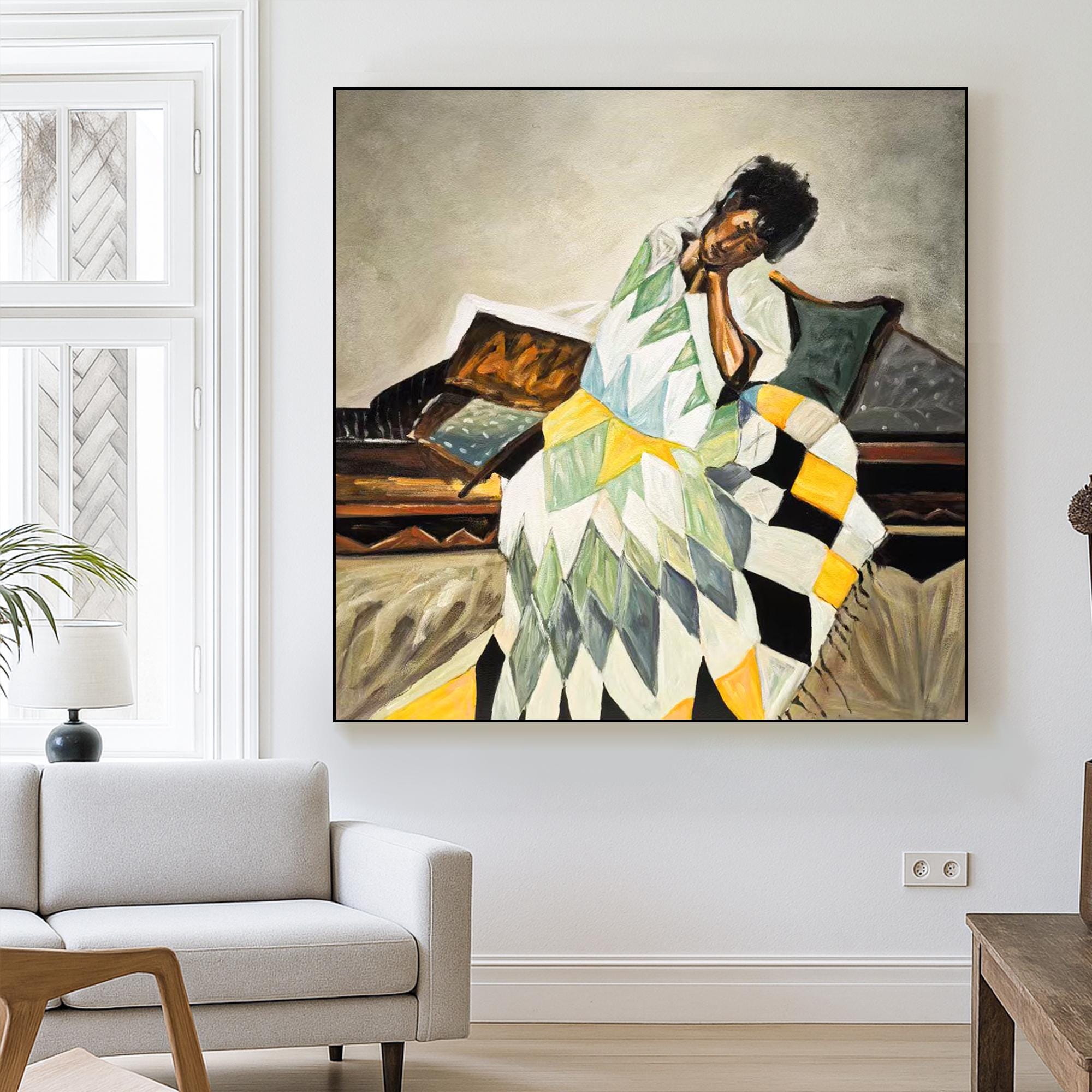 Cozy Woman Portrait Oil Painting Hand Painted Quilt Blanket Wall Art Original Figurative Canvas With Geometric Colorful Shapes For Bedroom