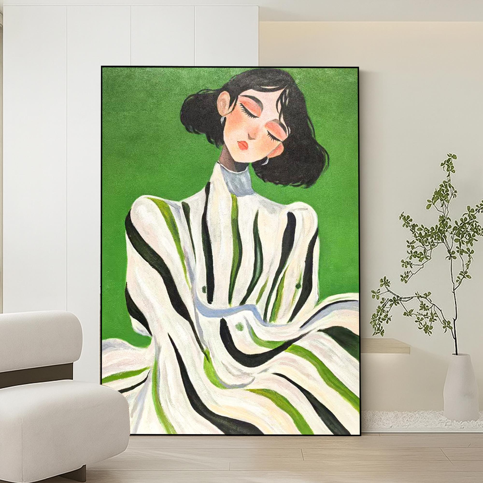 Minimalist Woman Portrait Oil Painting on Canvas | Hand-Painted Modern Female Wall Art | Green Background Abstract Figurative Home Decor