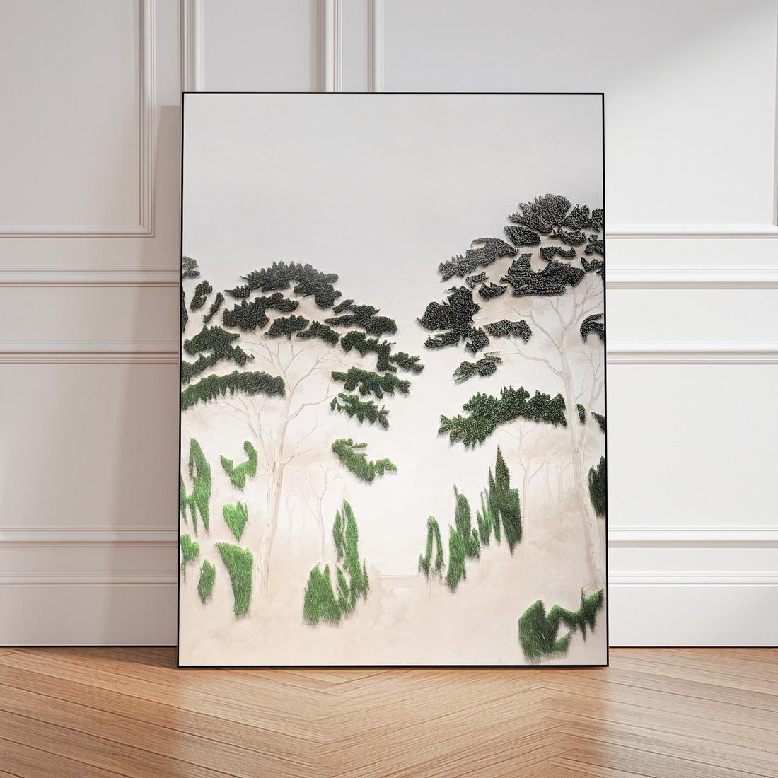 The image is a painting depicting a serene landscape with trees and foliage.