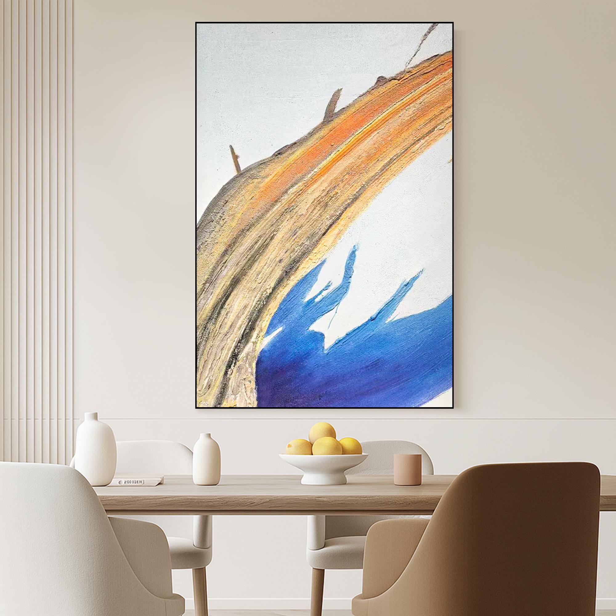 Original Minimalist Abstract Oil Painting on Canvas, Textured Blue Gold Wall Art, Large Vertical Handmade Artwork for Modern Home Decor
