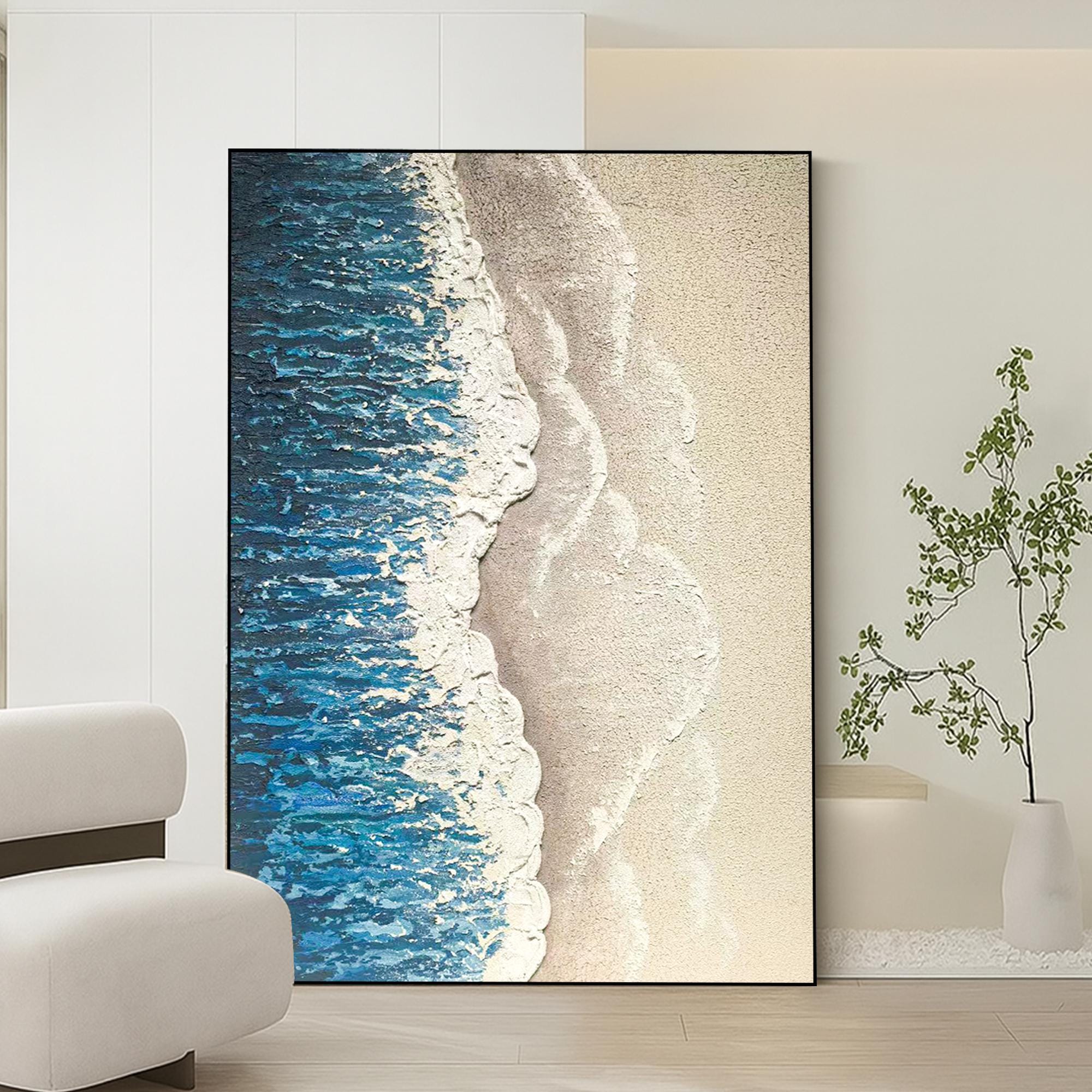 Textured Beach Ocean Painting on Canvas - Coastal Blue and Sand Abstract Wall Art - Handmade 3D Oil Artwork for Seaside or Nautical Decor