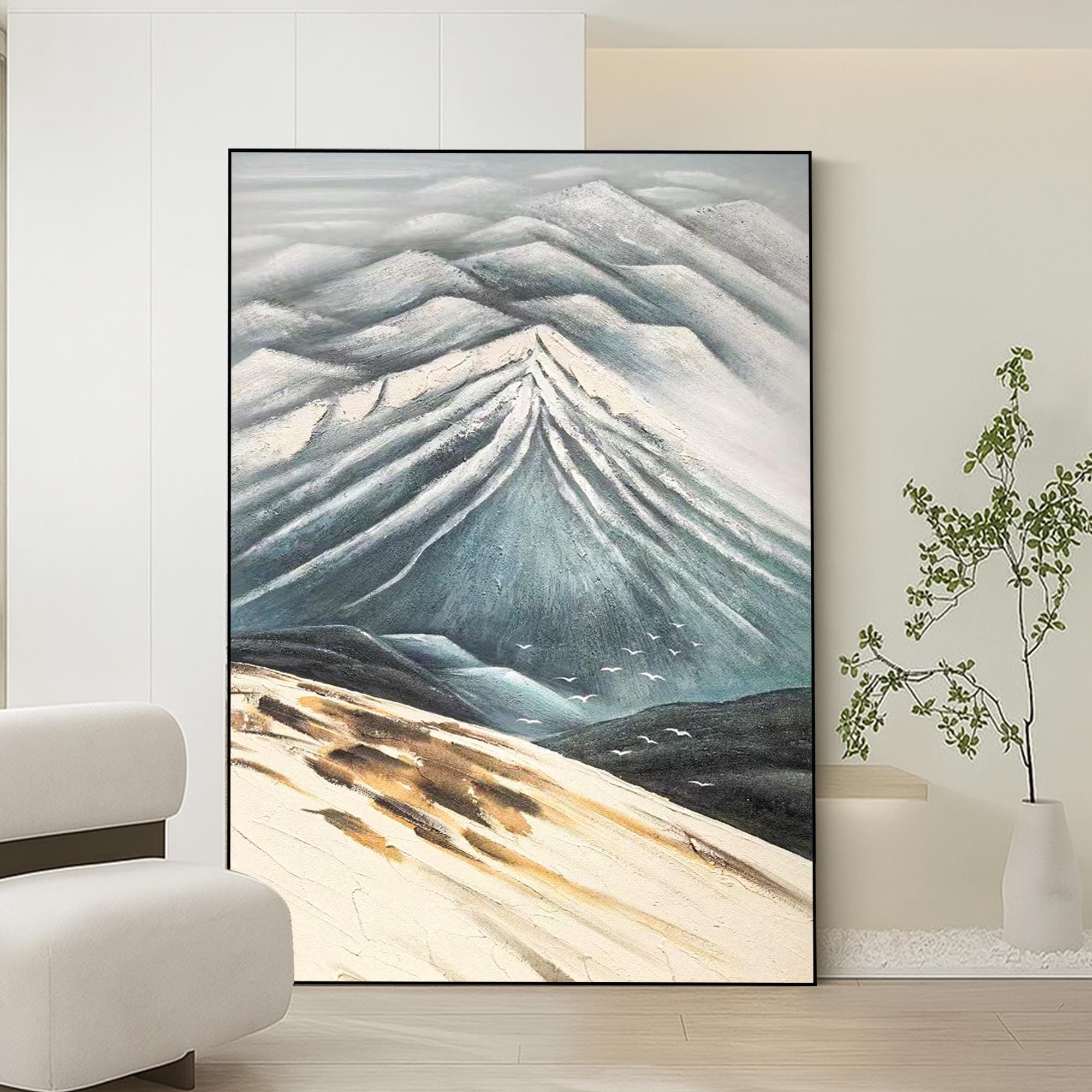 Textured Mountain Wall Art Canvas, Hand Painted Landscape Oil Painting With Blue Grey White Tones, Serene Nature Inspired Original Artwork