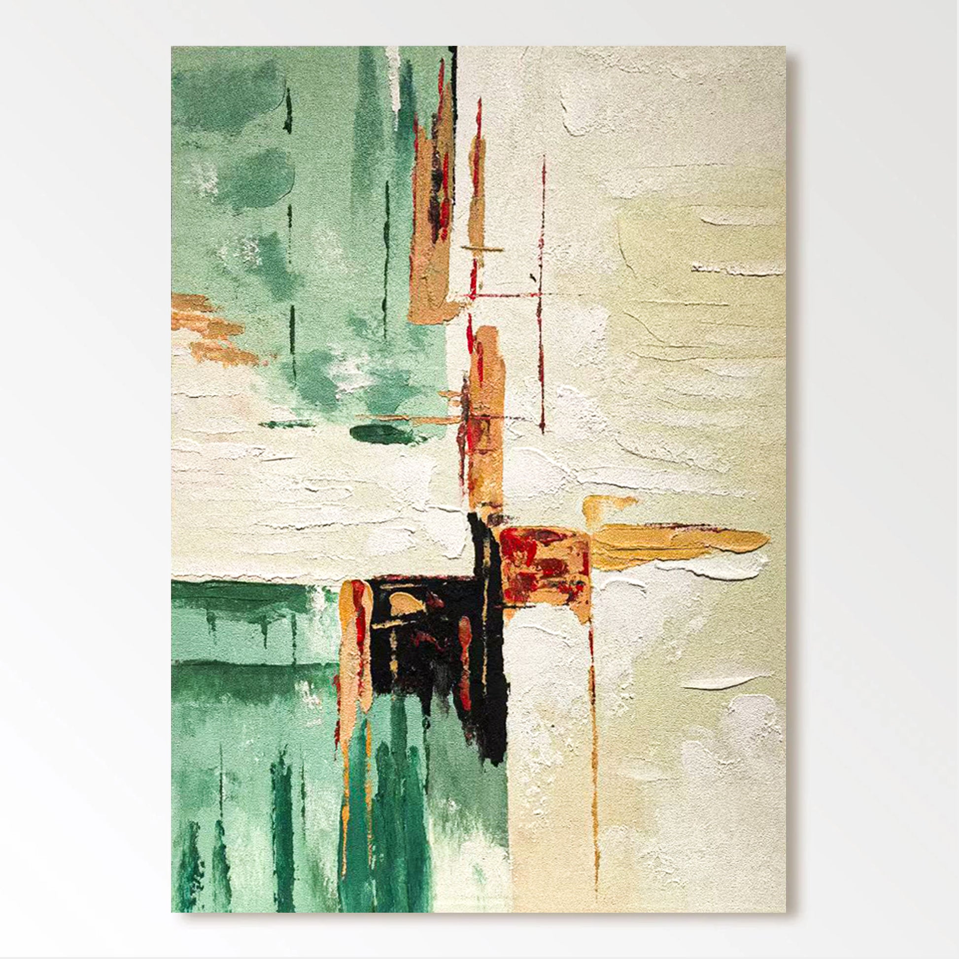 The image is an abstract painting featuring a mix of green, orange, and white colors, with various brushstrokes and textures creating a dynamic and visually interesting composition.