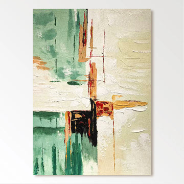 The image is an abstract painting featuring a mix of green, orange, and white colors, with various brushstrokes and textures creating a dynamic and visually interesting composition.