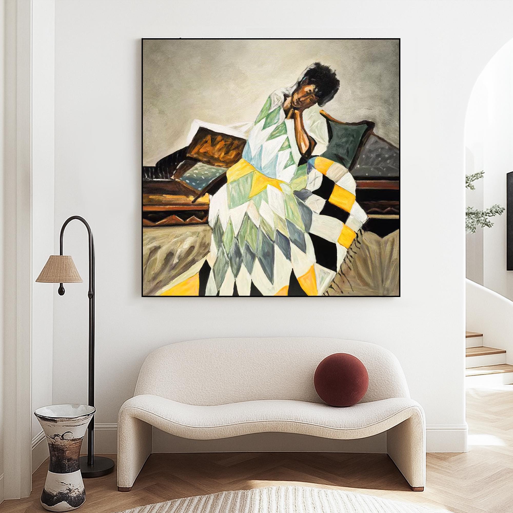 Cozy Woman Portrait Oil Painting Hand Painted Quilt Blanket Wall Art Original Figurative Canvas With Geometric Colorful Shapes For Bedroom