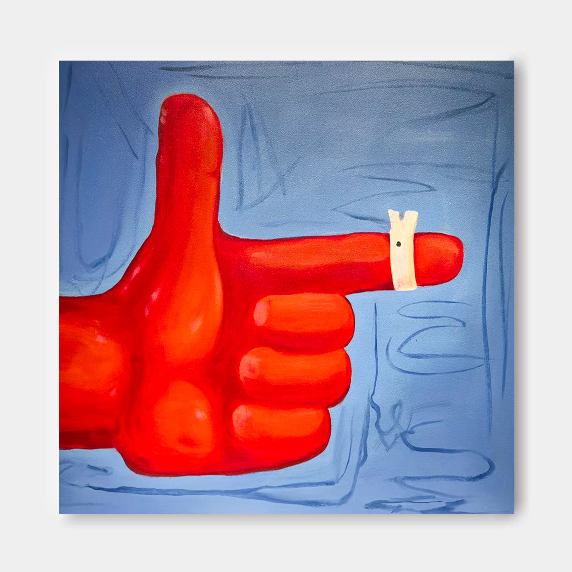 The image is a painting of a red hand with a white band on the thumb, pointing towards the right side of the frame.