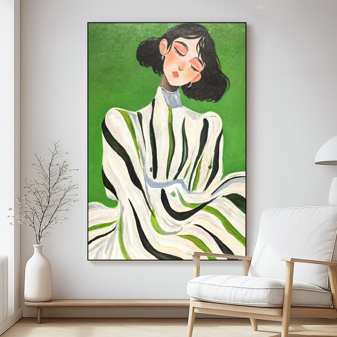 The image is a painting of a woman with dark hair wearing a white dress with green and black stripes.