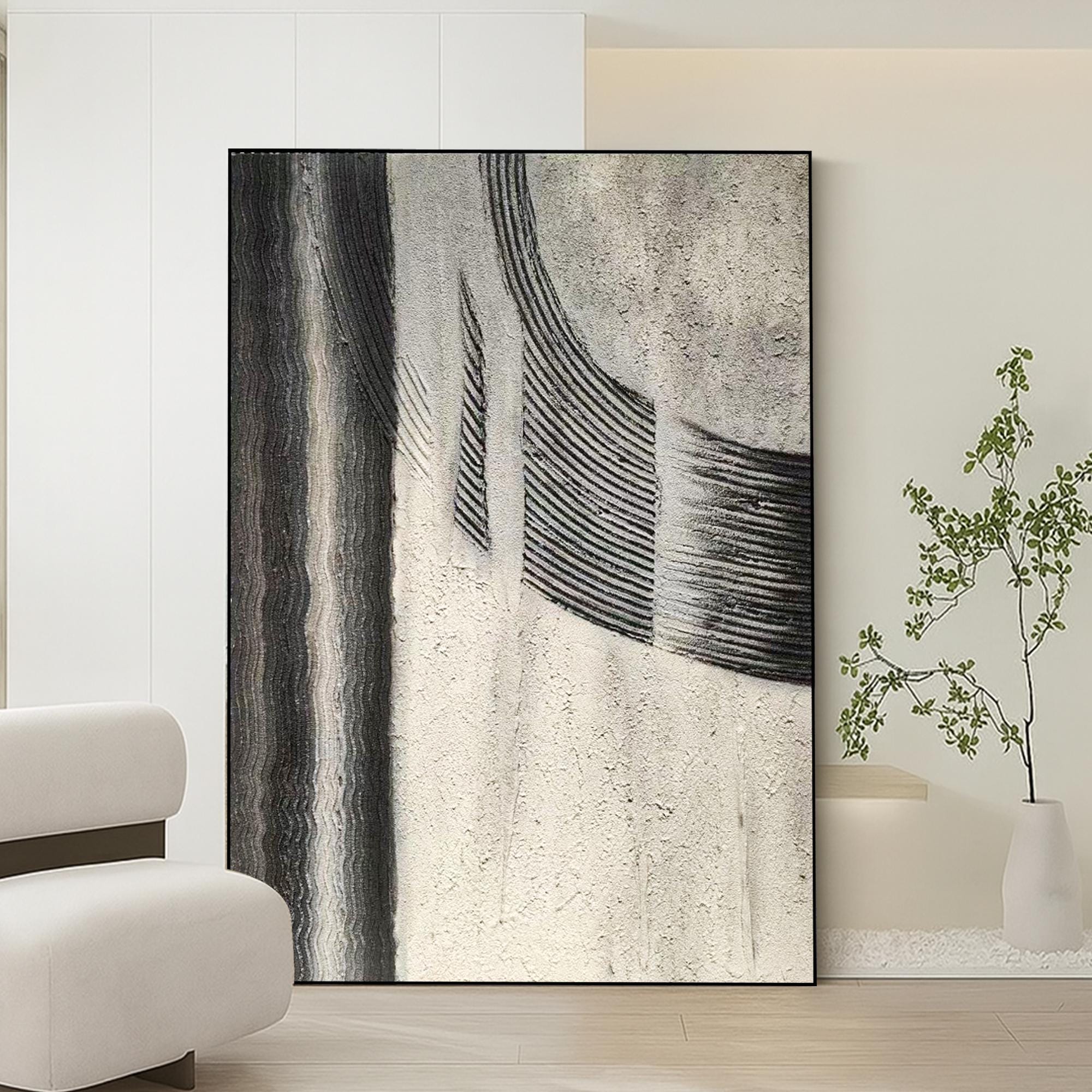 Neutral Textured Vertical Abstract Painting on Canvas Hand Painted Black Grey Wall Art Minimal Modern Tactile Artwork for Hallway or Office