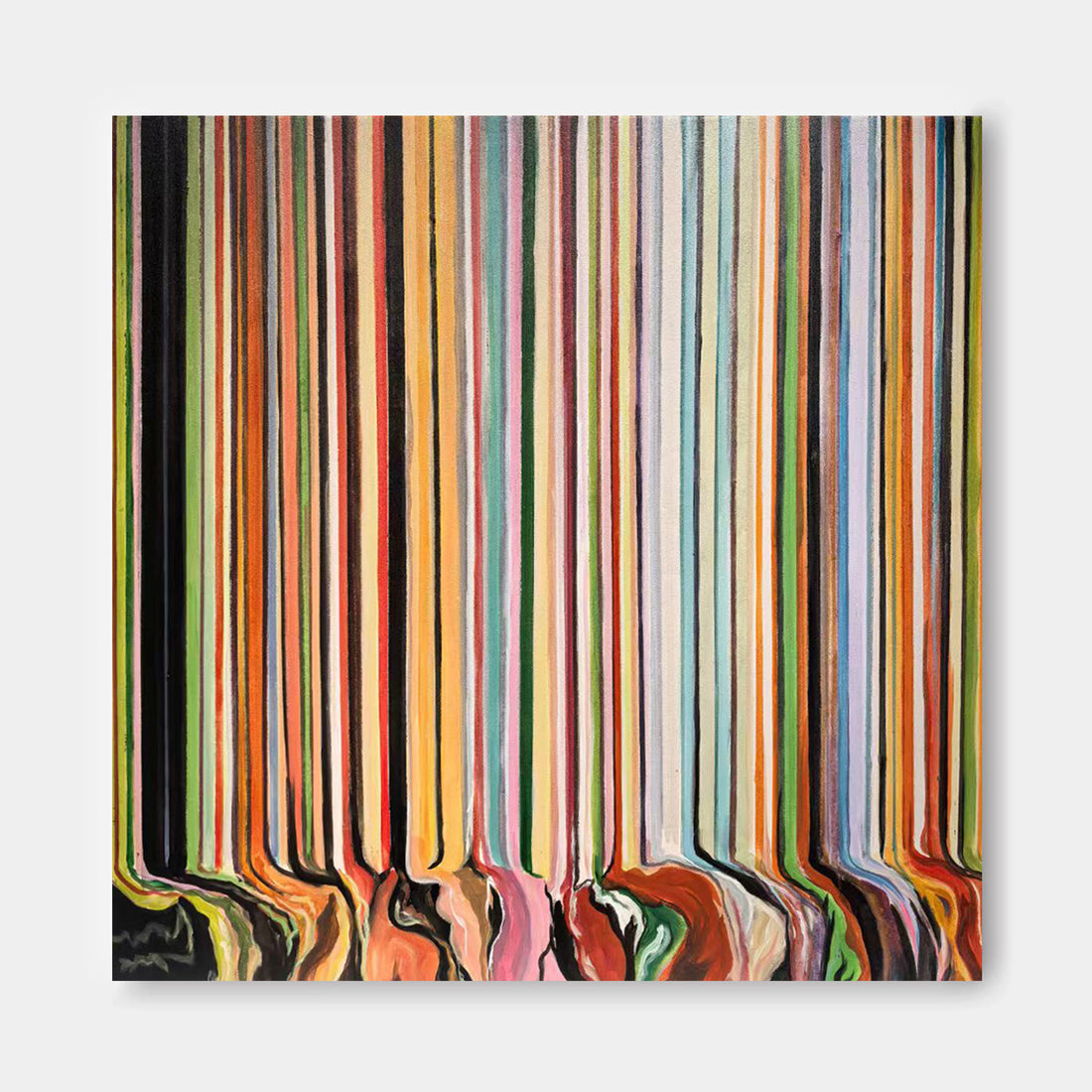 The image is an abstract painting with a vibrant and colorful composition of vertical lines in various colors, including red, orange, yellow, green, blue, and purple.