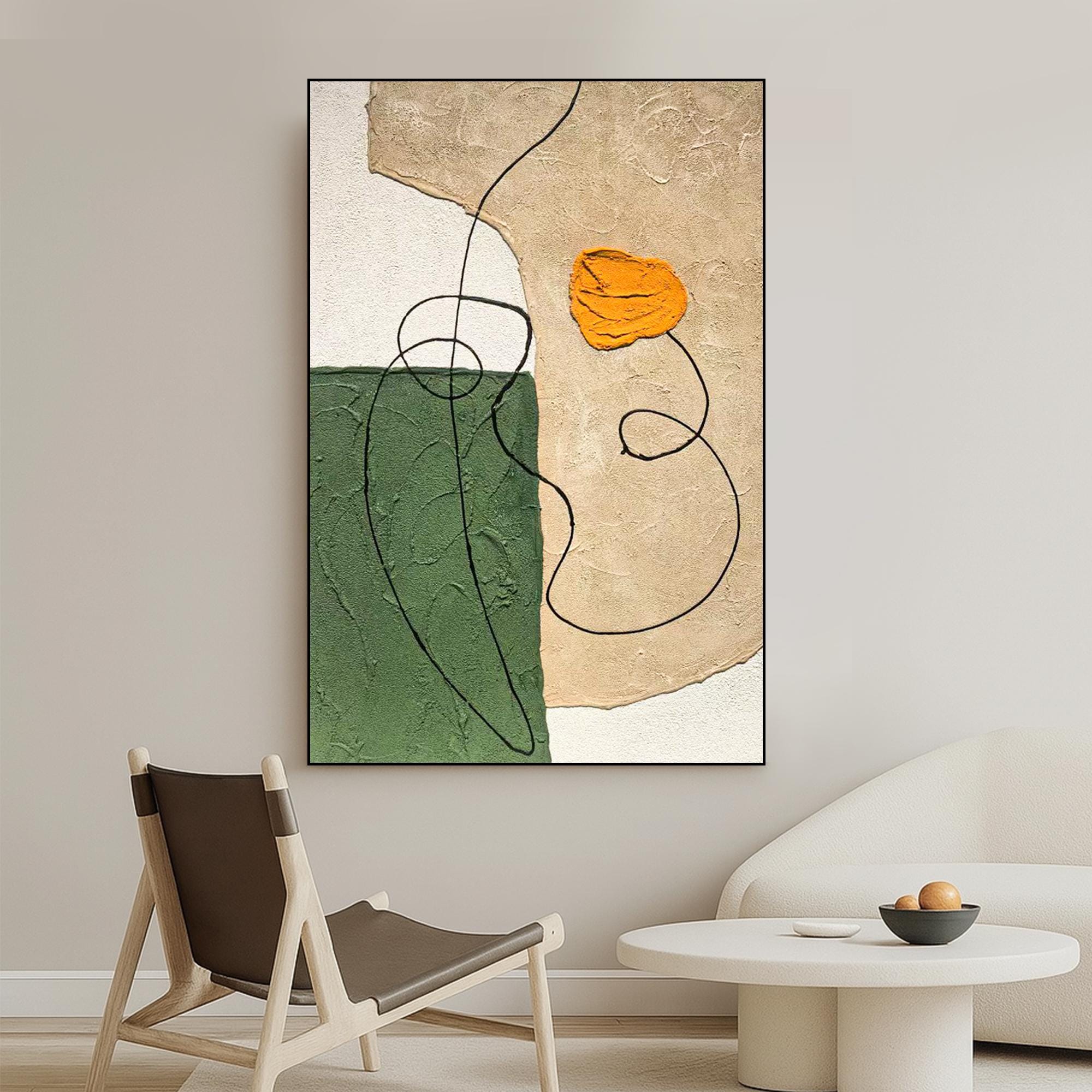 Textured Abstract Wall Art Canvas, Minimalist Line Art Painting With Green Beige Orange Tones, Modern Organic Handmade Oil Painting