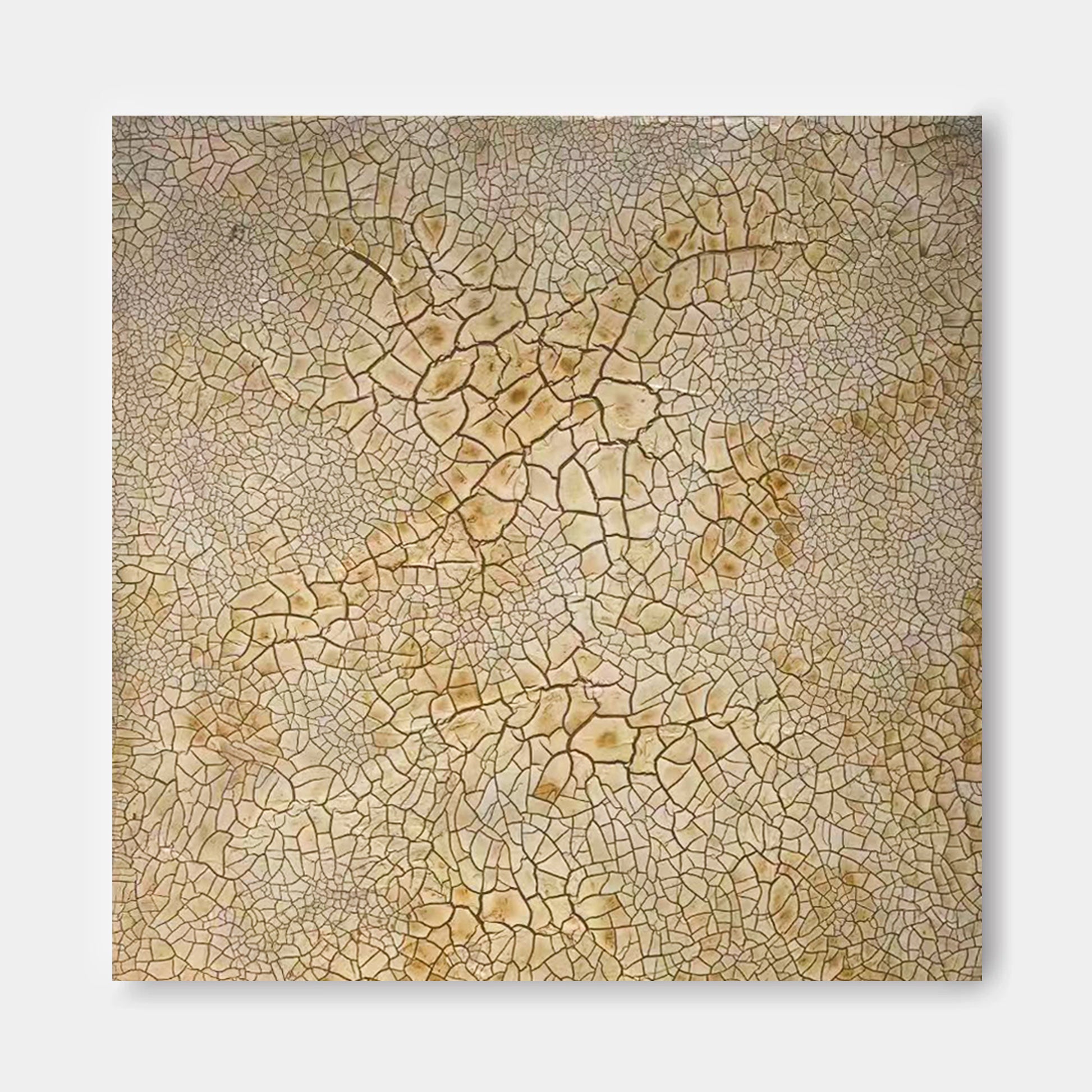 a square canvas with a textured, cracked surface in various shades of brown and beige.