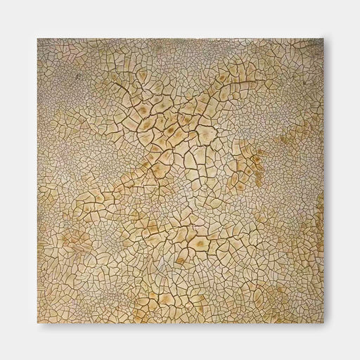 a square canvas with a textured, cracked surface in various shades of brown and beige.