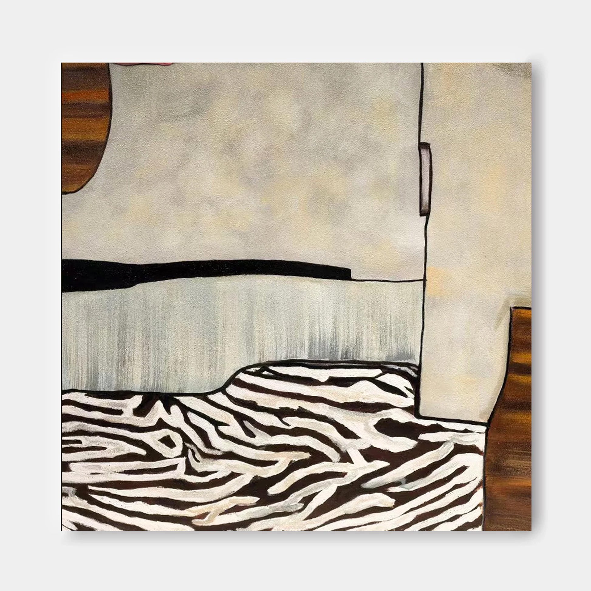 The image is an abstract painting featuring a zebra-like pattern with a mix of white, black, and brown colors.