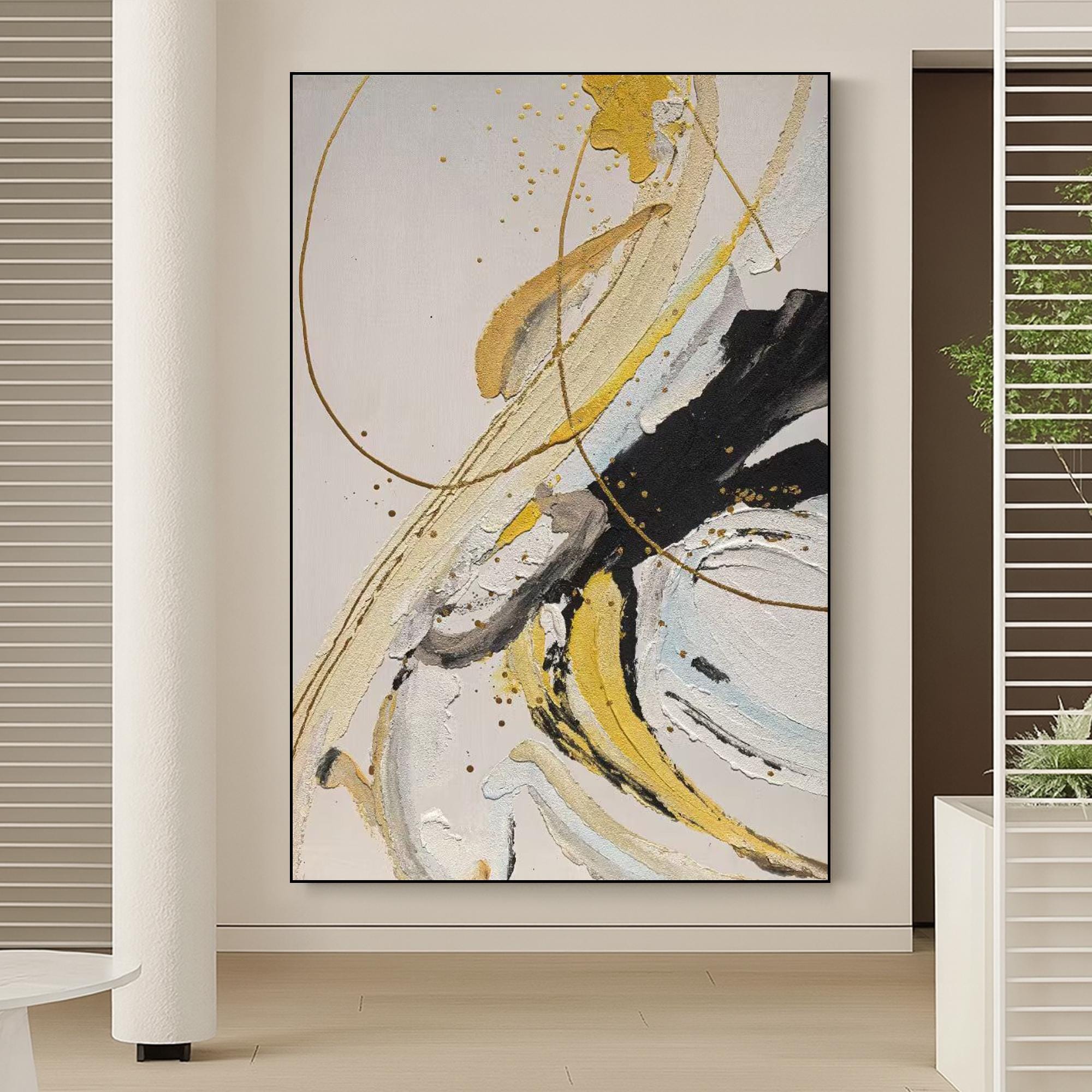 Modern Gold and Black Abstract Oil Painting on Canvas | Hand-Painted Textured Wall Art for Living Room | Neutral Swirl Contemporary Decor