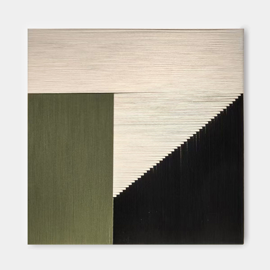 The image is a square-shaped abstract artwork with a geometric design. It features a combination of green, white, and black colors, creating a visually striking contrast.