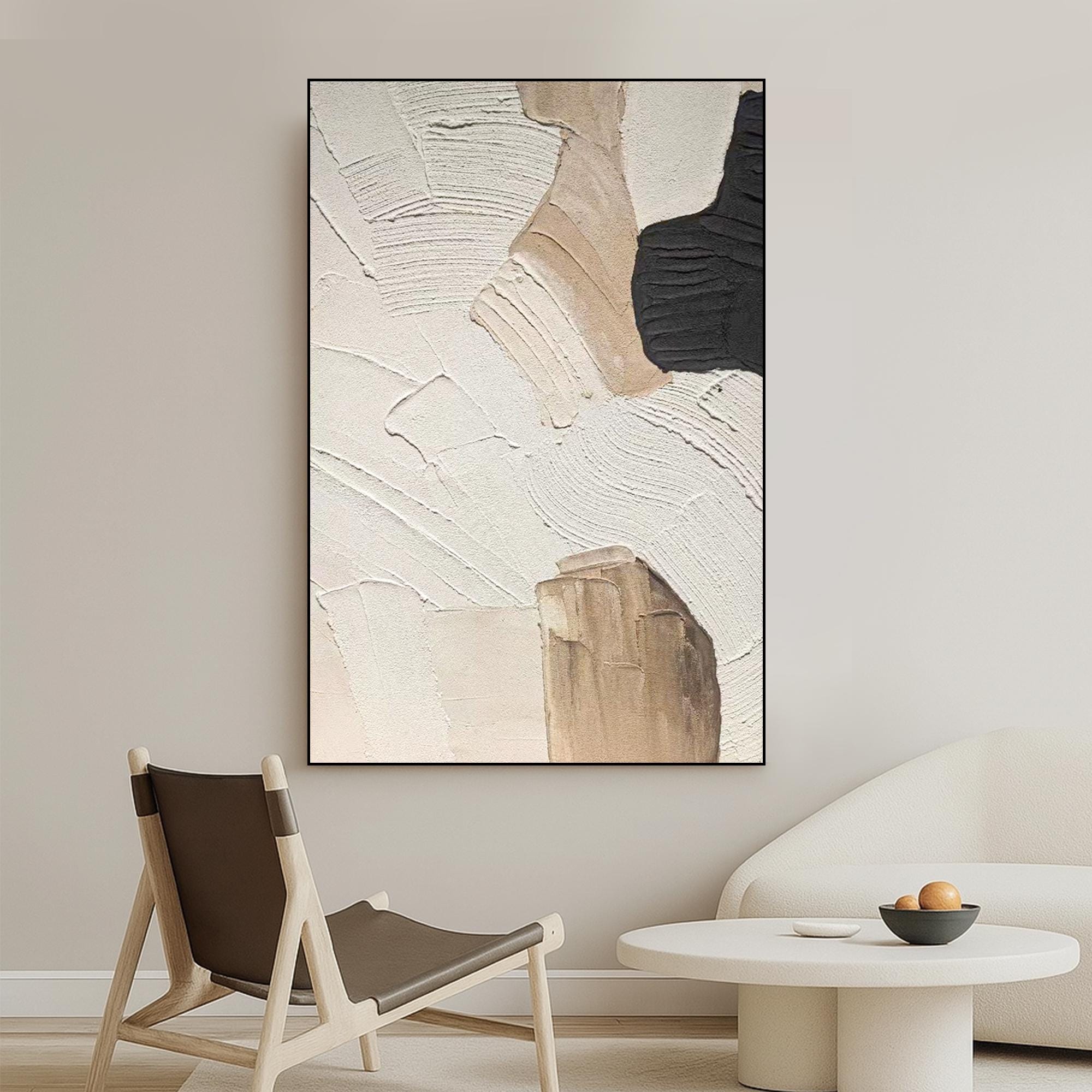 Beige and Black Abstract Painting on Canvas  Hand Painted Modern Neutral Wall Art  Minimal Earth Tone Artwork for Cozy Living Spaces