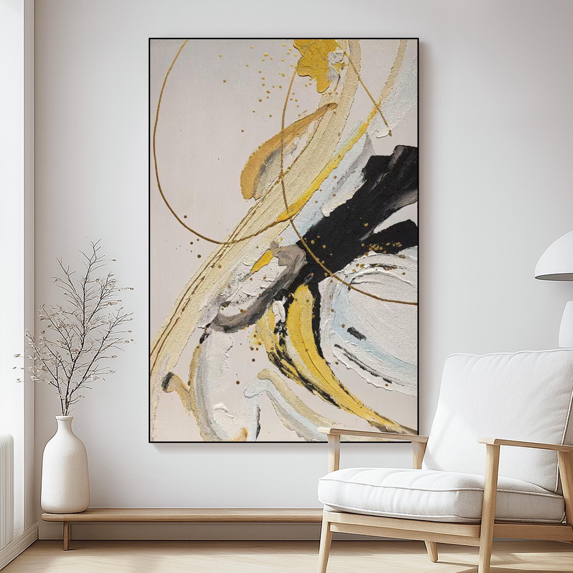 Modern Gold and Black Abstract Oil Painting on Canvas | Hand-Painted Textured Wall Art for Living Room | Neutral Swirl Contemporary Decor