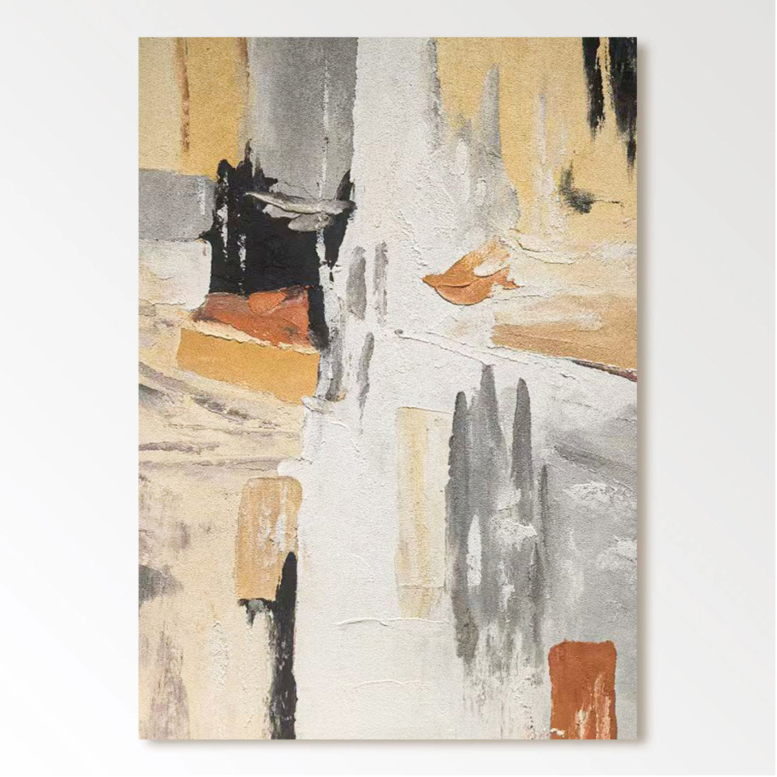 The image is an abstract painting with a mix of warm and cool colors, featuring bold brushstrokes and a sense of movement and energy.