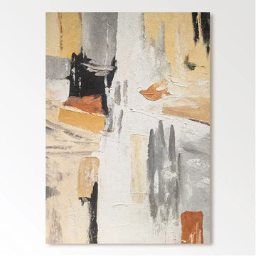 The image is an abstract painting with a mix of warm and cool colors, featuring bold brushstrokes and a sense of movement and energy.