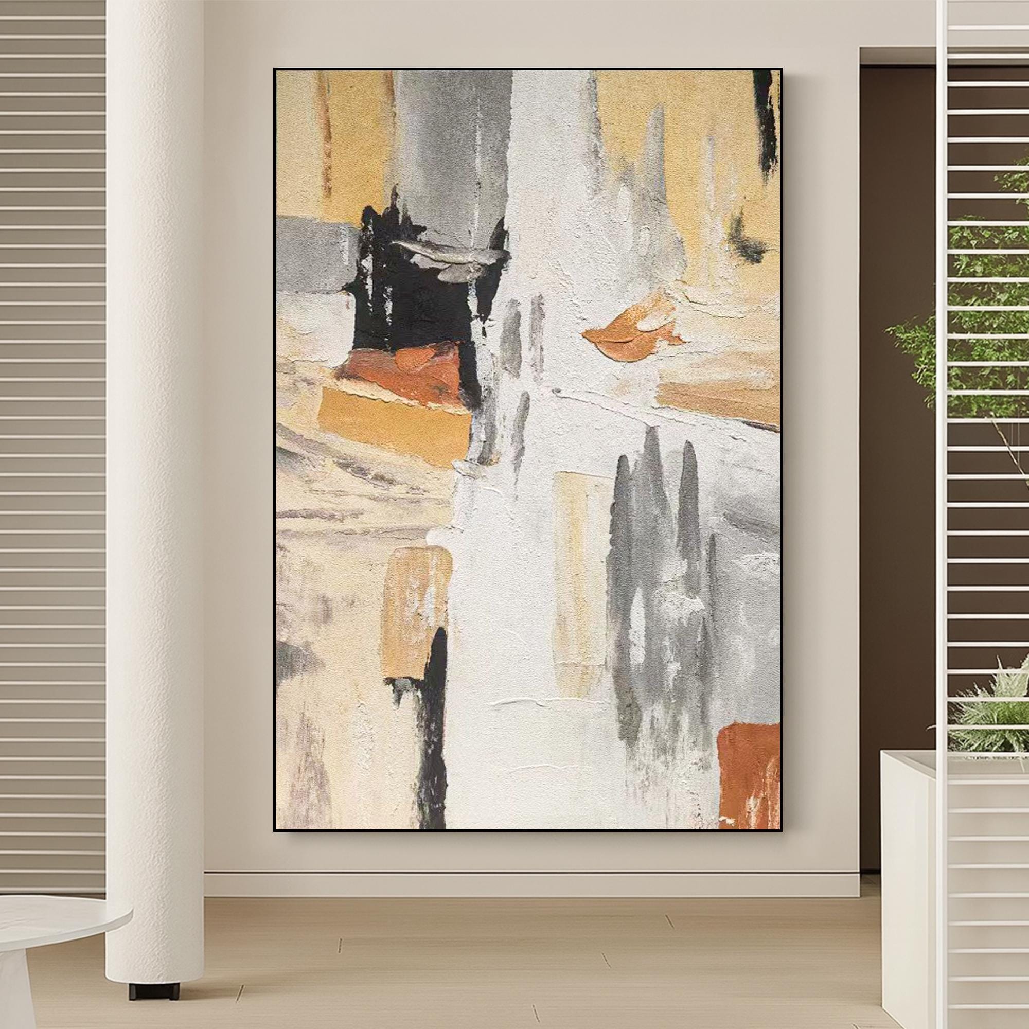 Neutral Abstract Painting on Canvas - Handmade Textured Modern Wall Art with Beige Grey Black Accents for Minimalist Living Room Decor