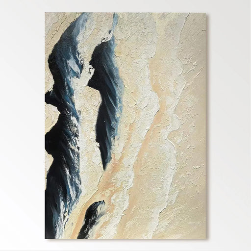 The image is an abstract painting with a textured background featuring a combination of blue and white colors.