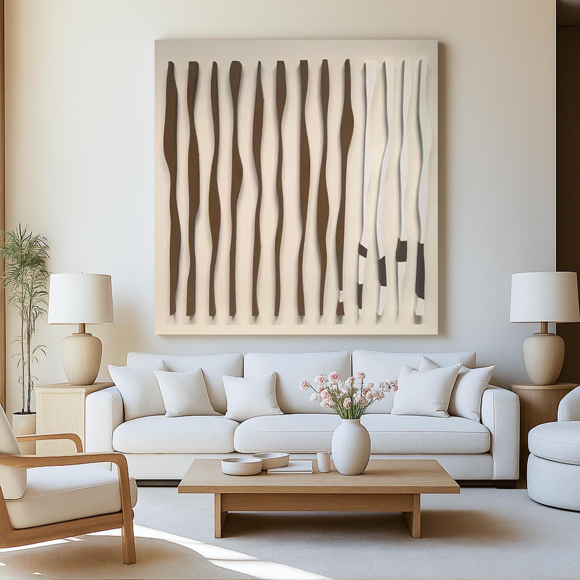 Neutral Abstract Wavy Line Oil Painting on Canvas, Modern Hand Painted 3D Wall Art, Beige Brown Minimalist Texture Artwork for Living Room