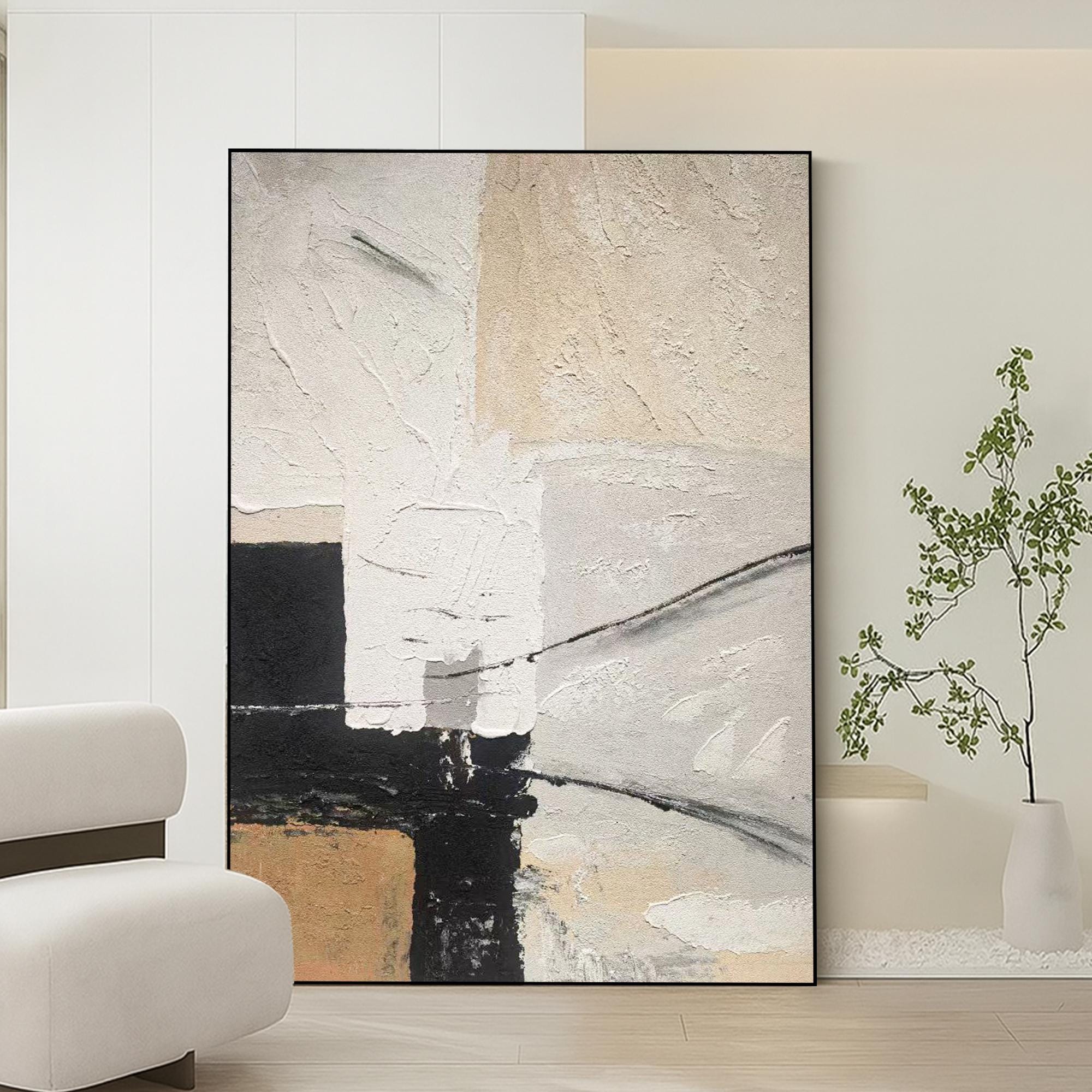 Large Neutral Abstract Oil Painting on Canvas | Modern Textured Black White Beige Wall Art | Minimalist Vertical Handmade Artwork