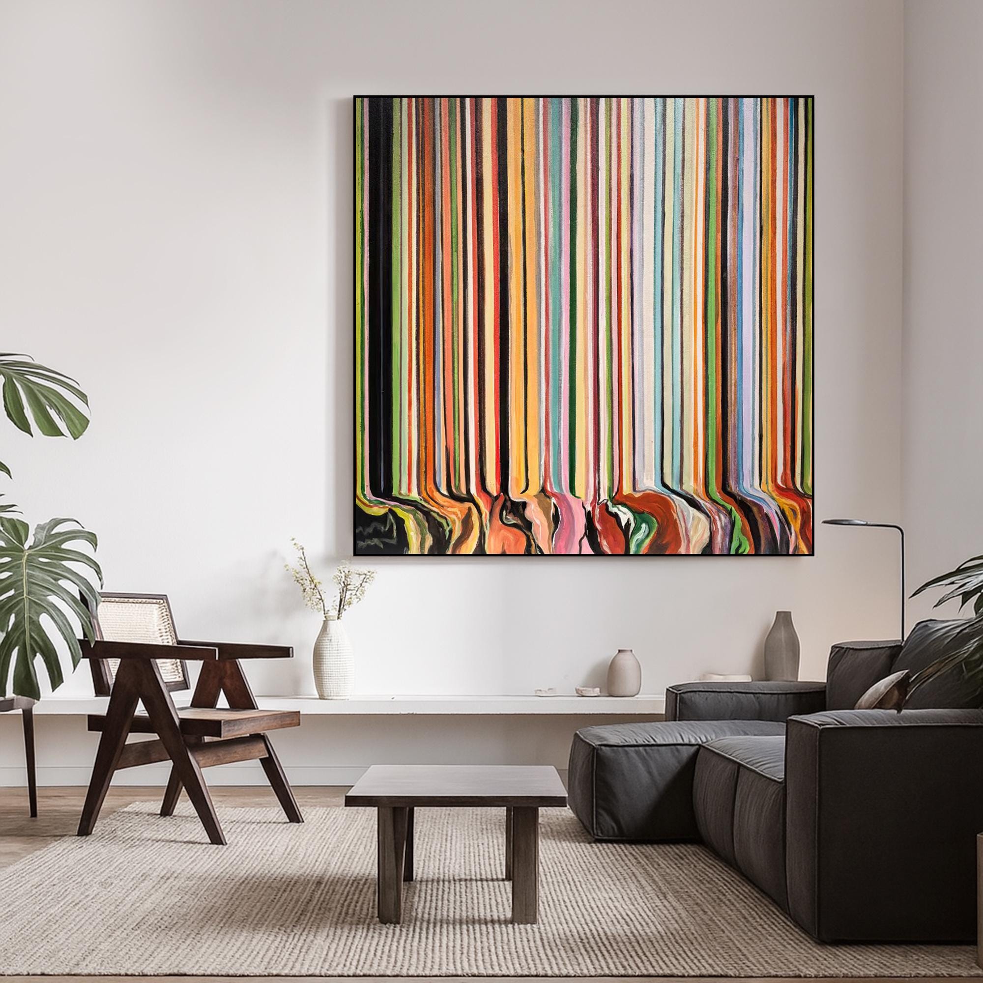Colorful Drip Line Abstract Painting on Canvas, Vertical Rainbow Stripes Modern Wall Art, Bold Hand Painted Original Contemporary Artwork