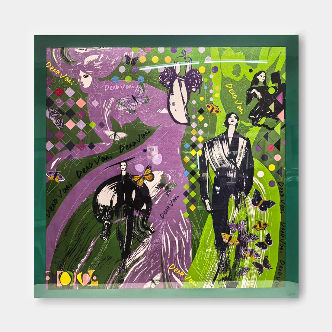 The image is a vibrant and colorful abstract artwork featuring various elements such as butterflies, flowers, and figures in a stylized and expressive manner.