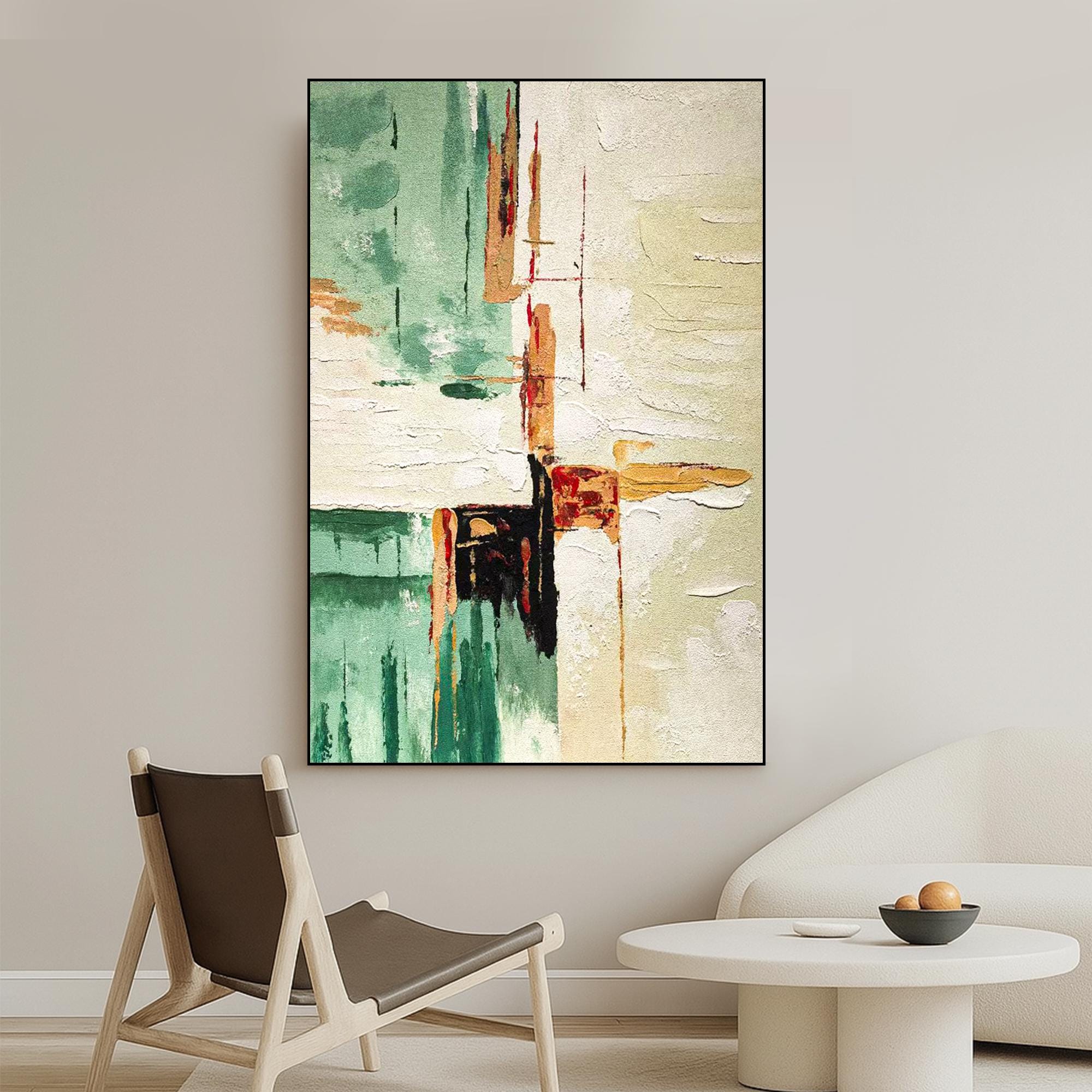 Original Abstract Textured Oil Painting on Canvas, Modern Green Beige Wall Art, Large Vertical Handmade Artwork for Living Room Décor
