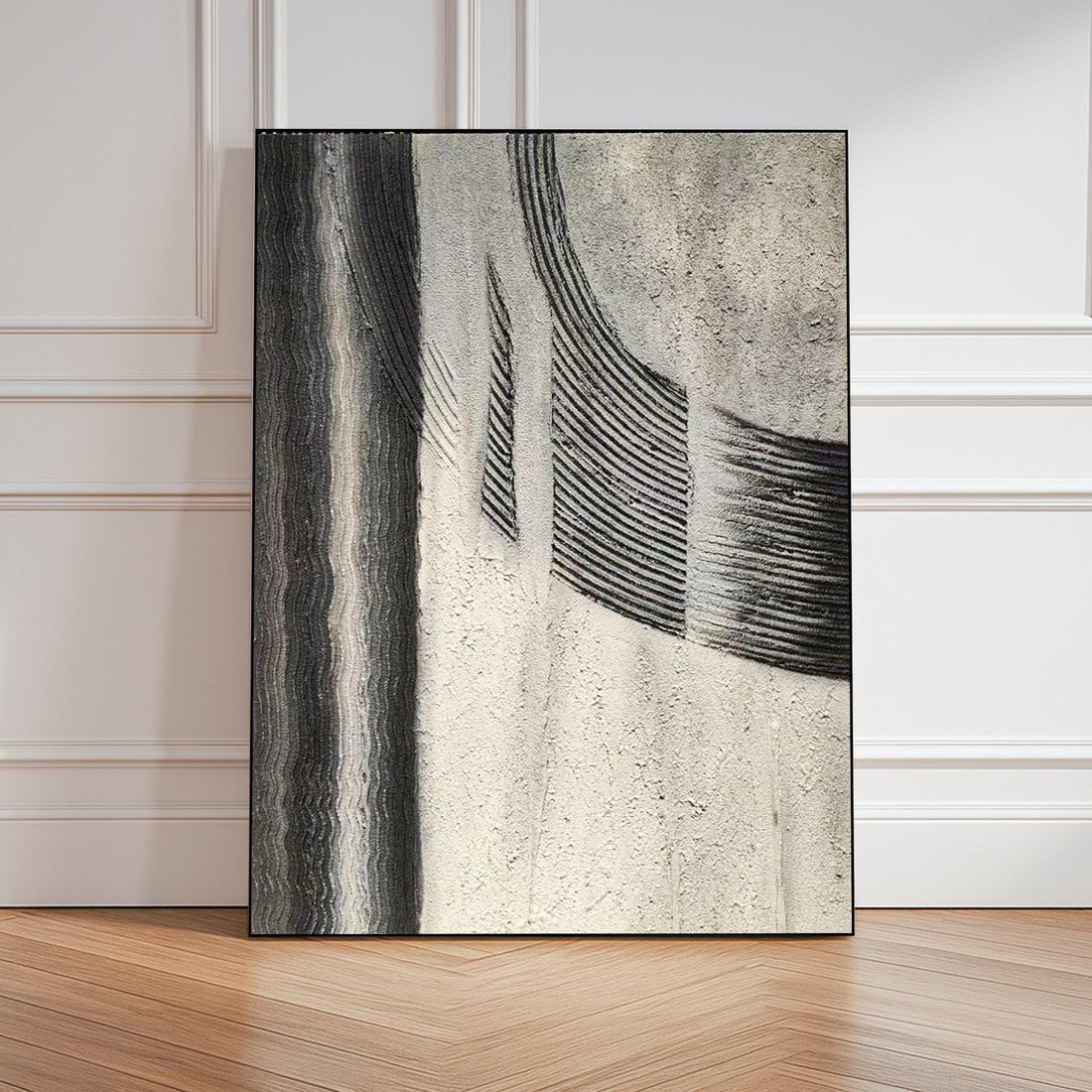 The image is a black and white abstract artwork featuring a vertical line and a curved line, creating a sense of movement and rhythm.