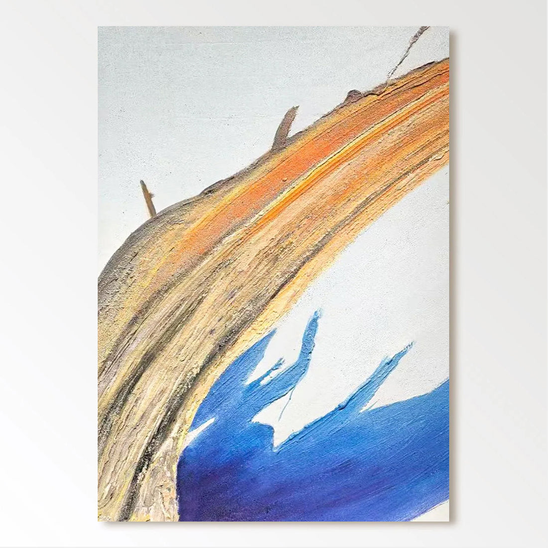The image is an abstract painting with bold brushstrokes in shades of orange and blue, creating a dynamic and energetic composition.