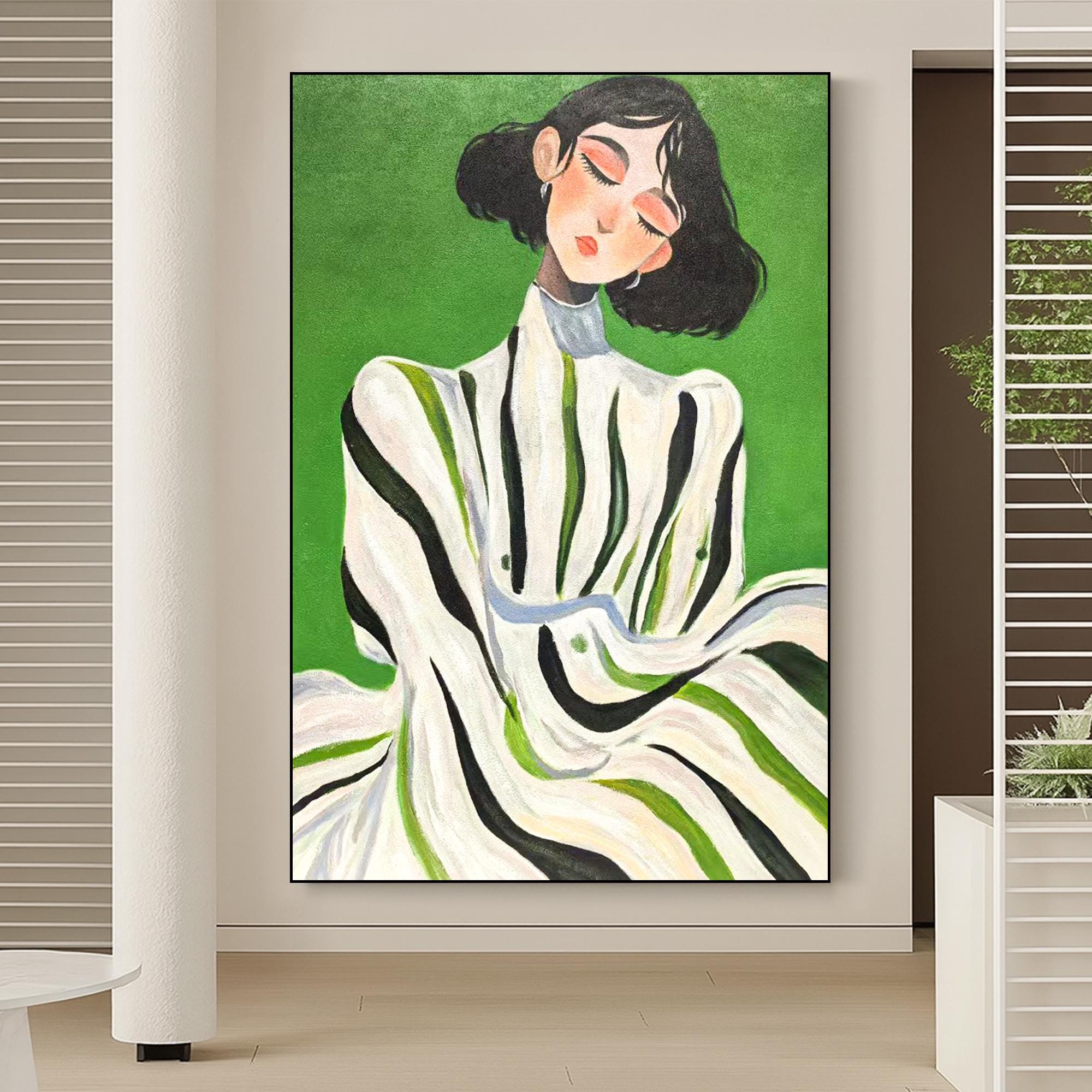 Minimalist Woman Portrait Oil Painting on Canvas | Hand-Painted Modern Female Wall Art | Green Background Abstract Figurative Home Decor