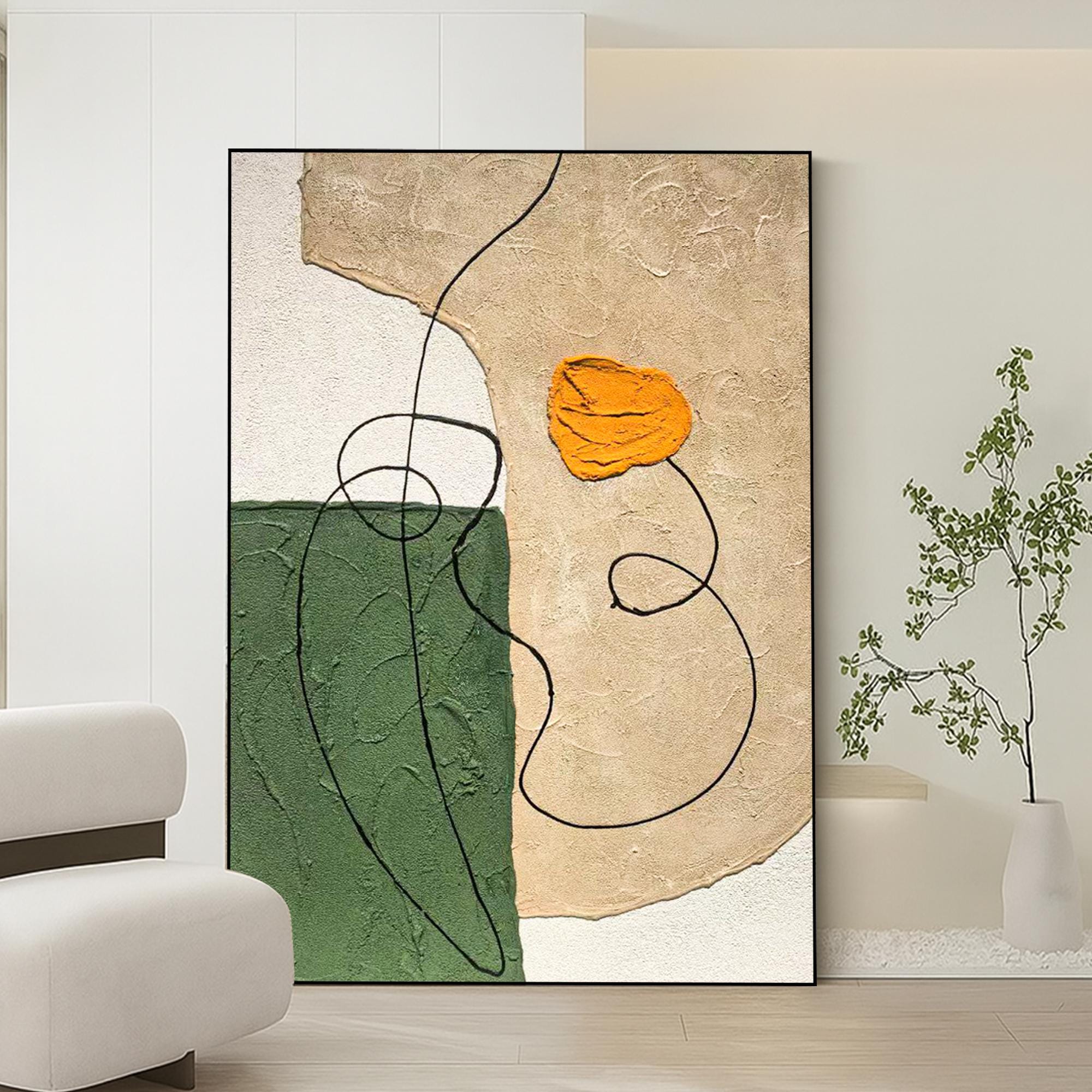 Textured Abstract Wall Art Canvas, Minimalist Line Art Painting With Green Beige Orange Tones, Modern Organic Handmade Oil Painting
