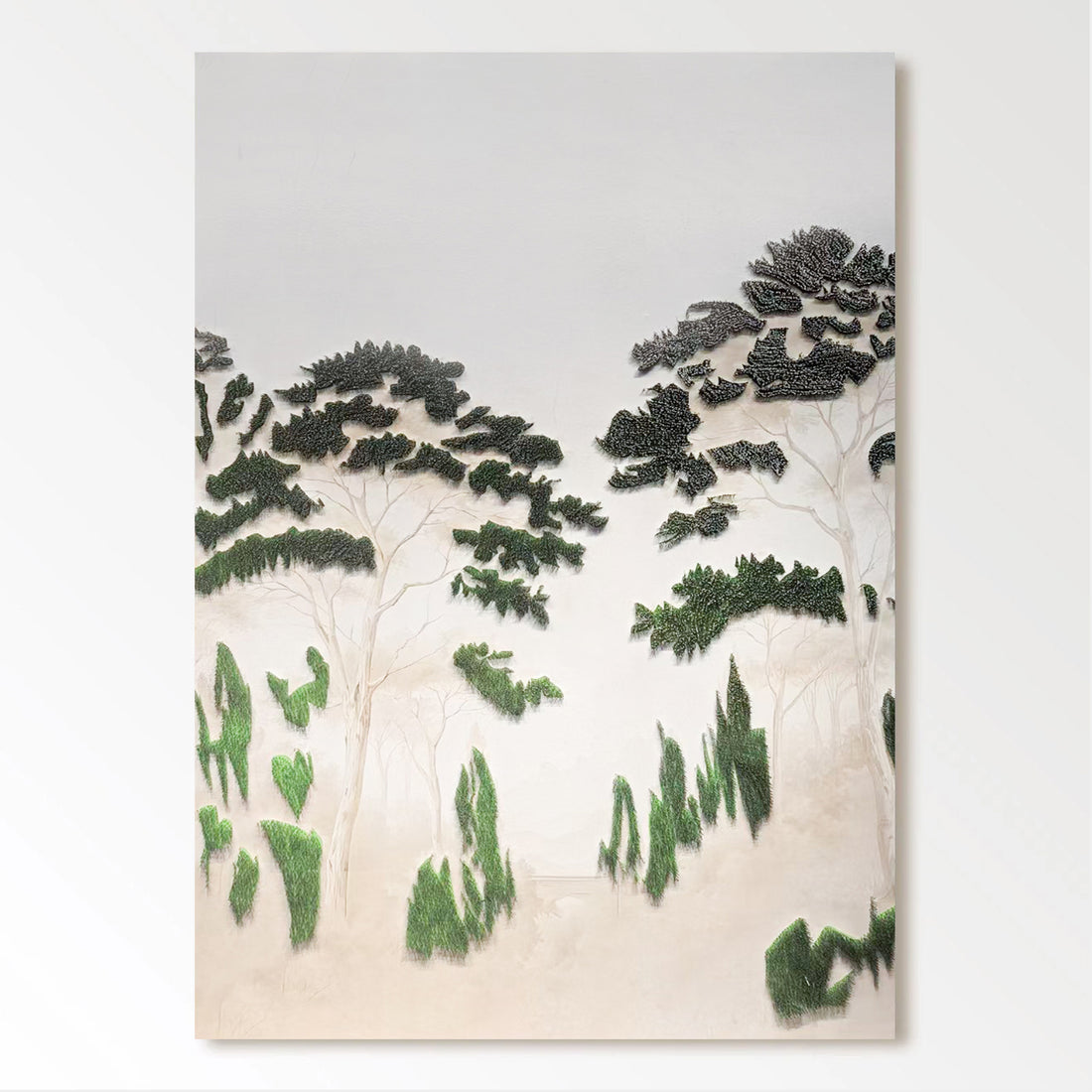 The image is a painting depicting a serene landscape with trees and foliage.