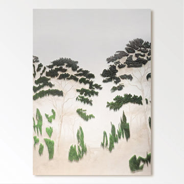 The image is a painting depicting a serene landscape with trees and foliage.