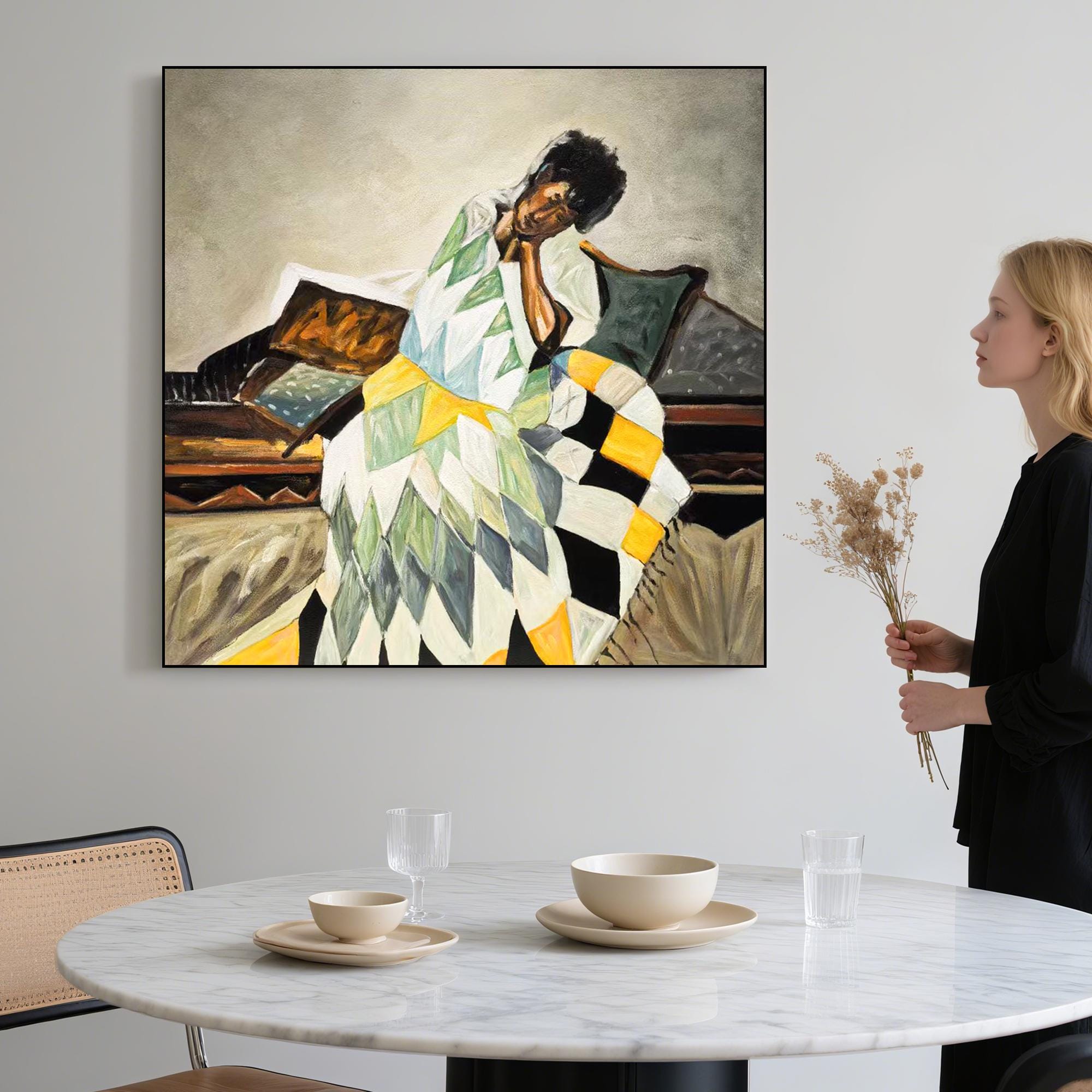 Cozy Woman Portrait Oil Painting Hand Painted Quilt Blanket Wall Art Original Figurative Canvas With Geometric Colorful Shapes For Bedroom
