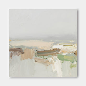 The image is an abstract painting with a predominantly light blue and white color palette. The painting features various brushstrokes and textures, creating a sense of depth and movement across the canvas.