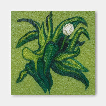 The image is a painting of a green plant with a white flower, set against a textured green background.
