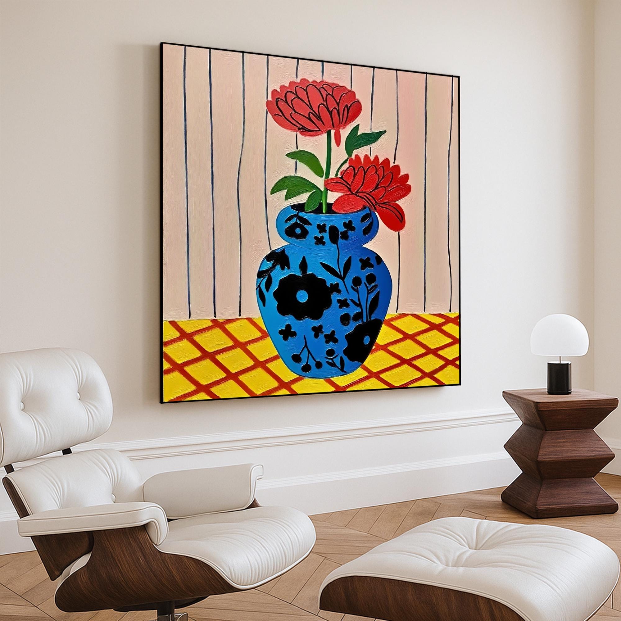 Floral Still Life Painting on Canvas, Bold Blue Vase and Red Flowers Wall Art Hand Painted Minimalist Botanical Artwork for Home Decor