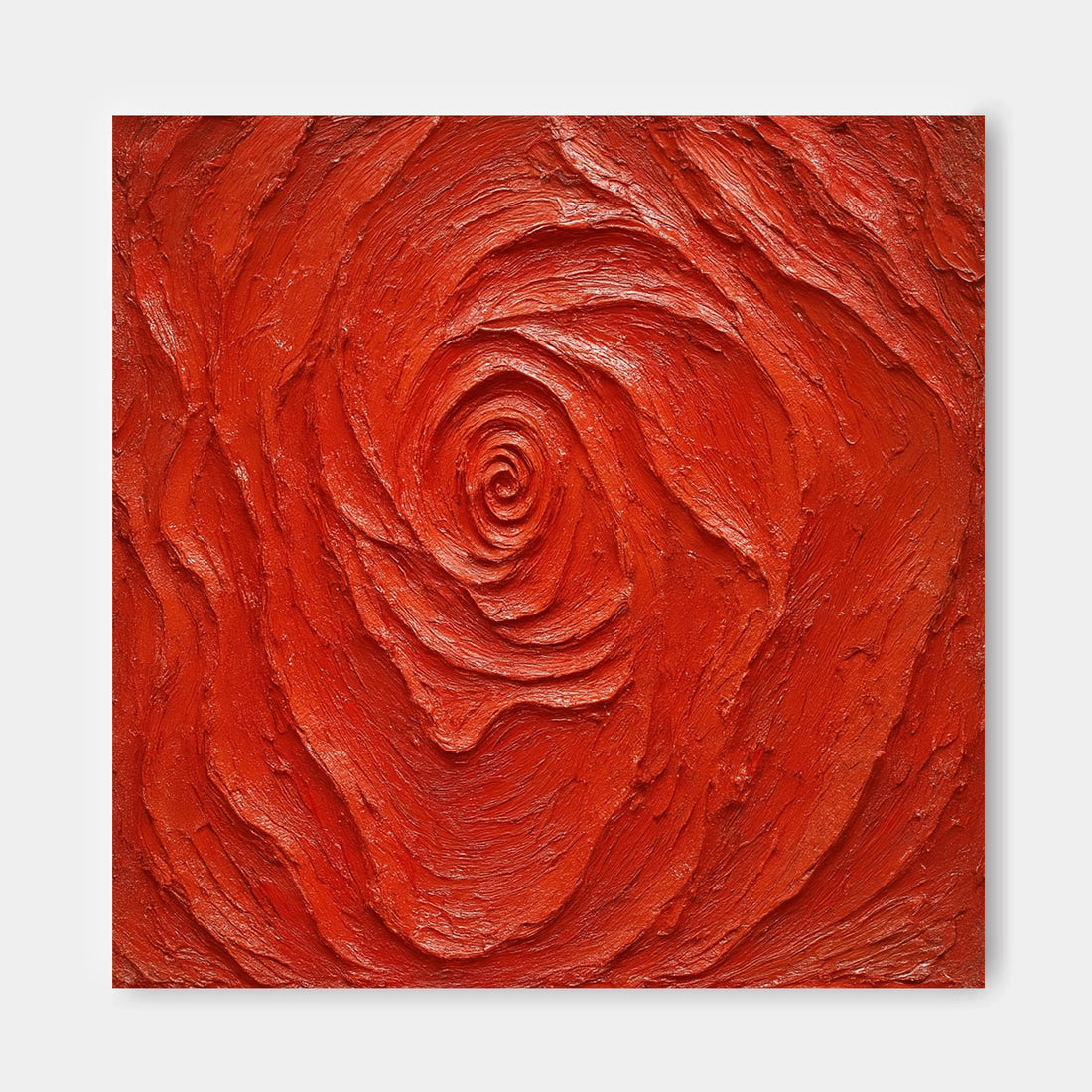 The image is a square painting with a red, textured surface that appears to be a close-up of a rose or flower.