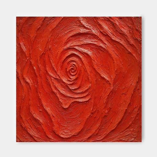 The image is a square painting with a red, textured surface that appears to be a close-up of a rose or flower.