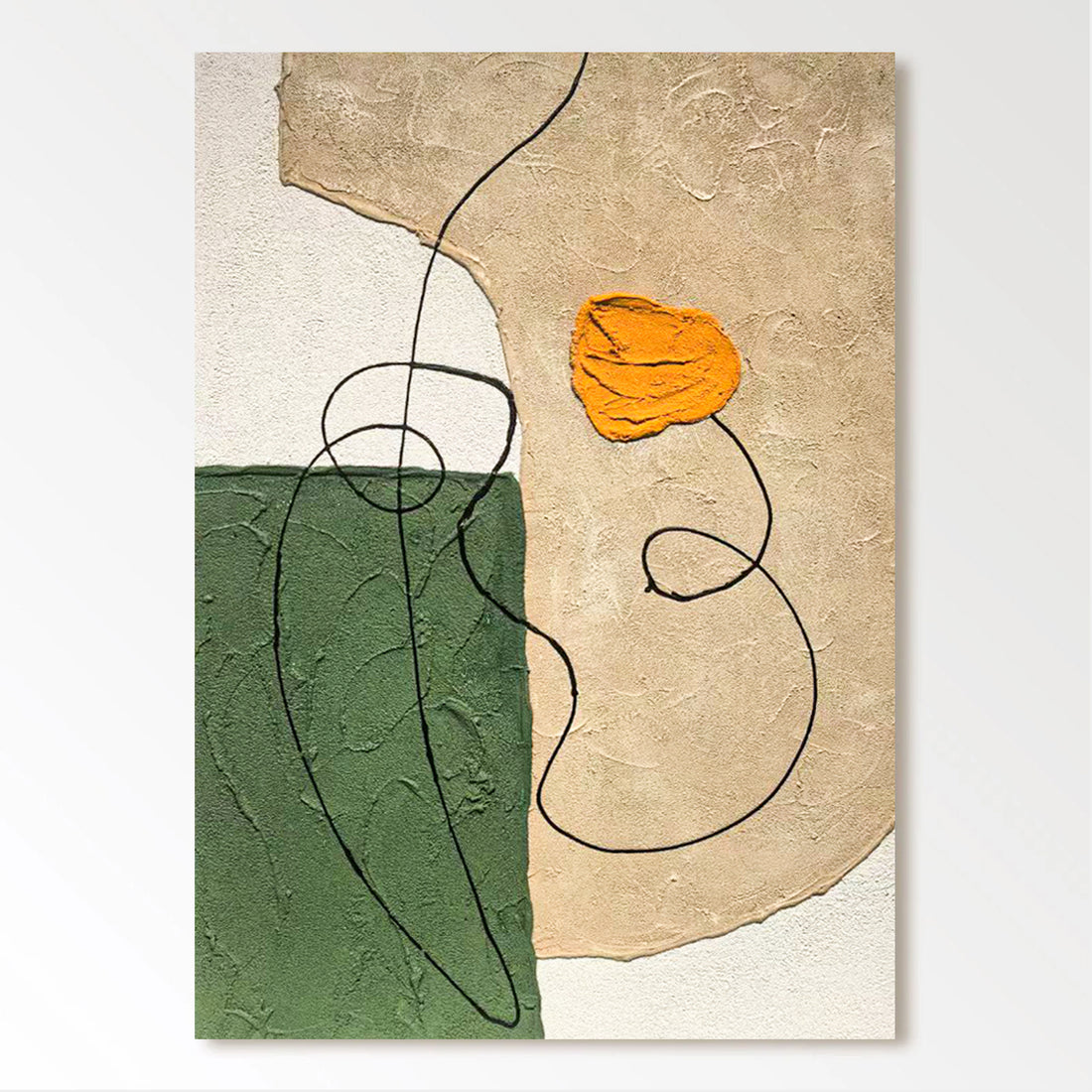 The image is an abstract painting featuring a large orange shape in the center, surrounded by various lines and shapes in different colors and textures, including green and beige.