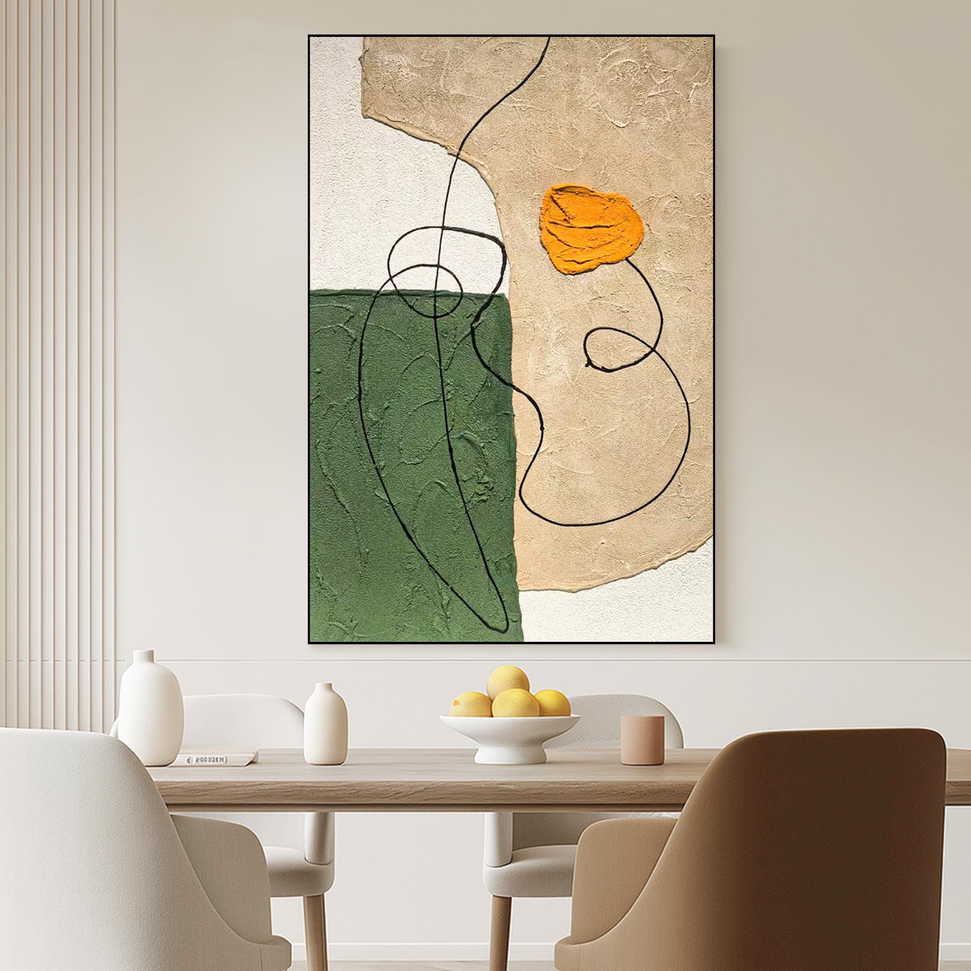 Textured Abstract Wall Art Canvas, Minimalist Line Art Painting With Green Beige Orange Tones, Modern Organic Handmade Oil Painting