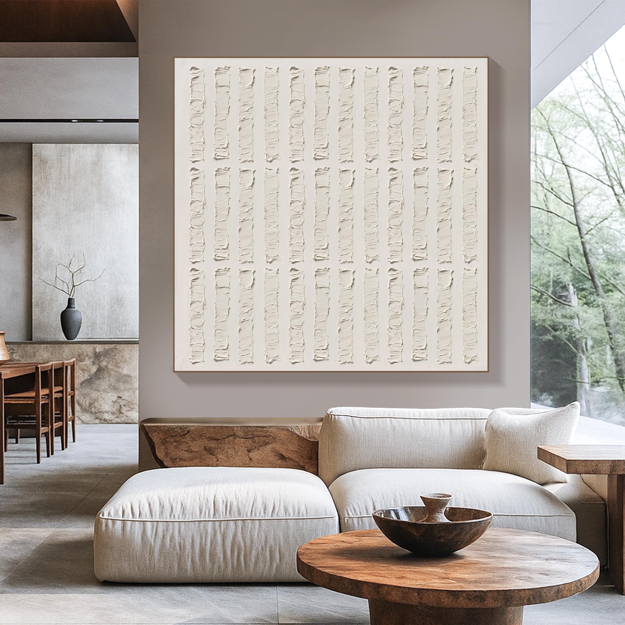 Vertical Line Textured Wall Art Neutral Minimalist Abstract Canvas Painting, Handmade Modern Relief Artwork for Japandi or Earthy Decor