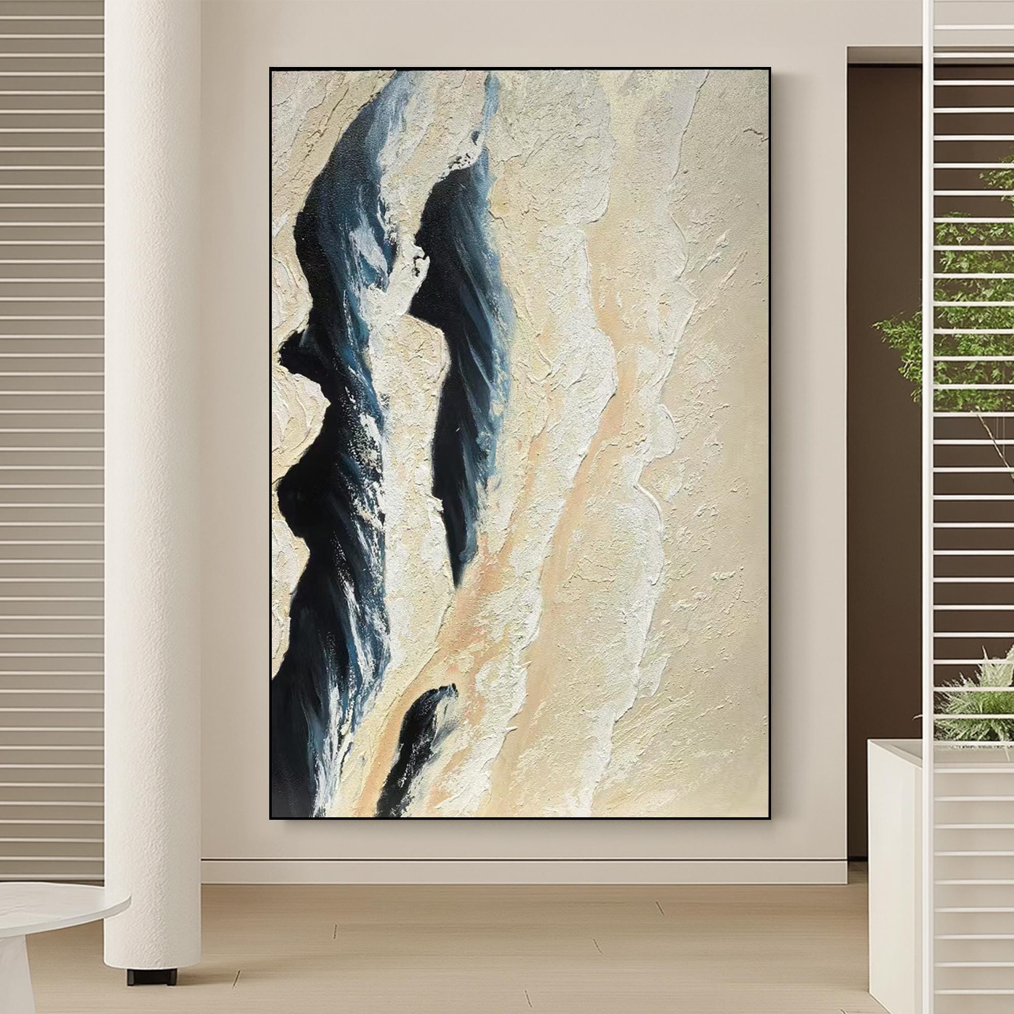Textured Abstract Desert Wall Art, Neutral Beige Navy Painting on Canvas, Modern Minimalist Sand Dune Artwork for Living Room Decor